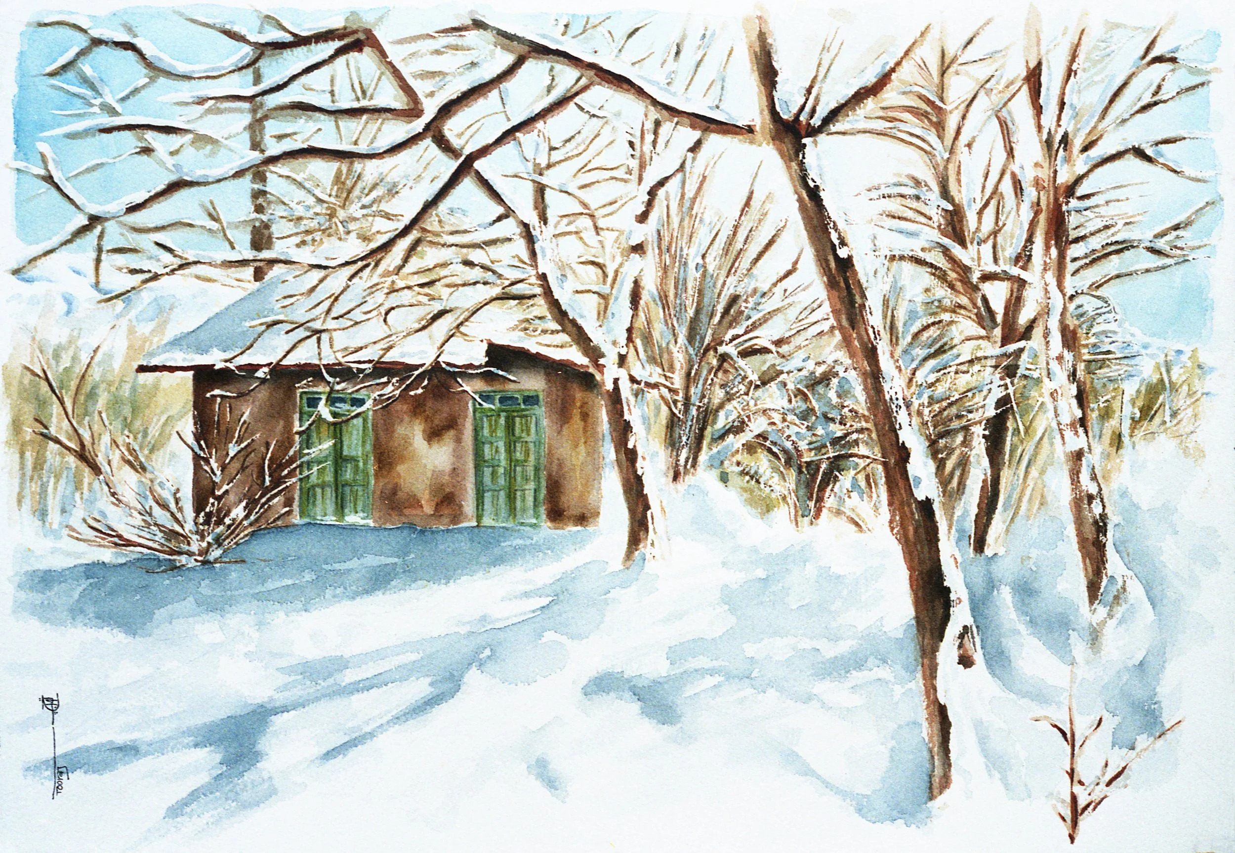 Snow in Village (Watercolor)   14x18    1979