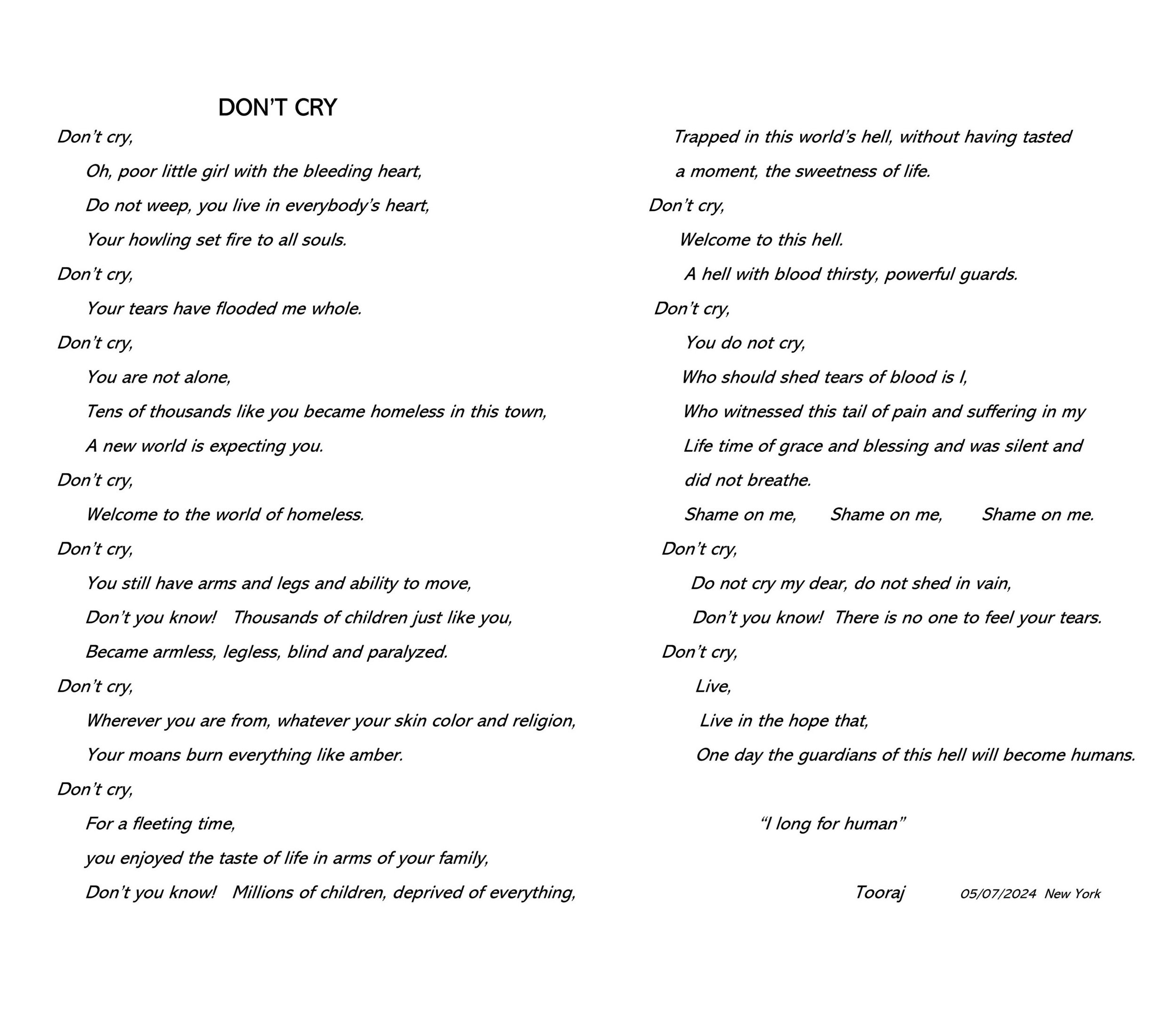 Don't Cry Poem by Tooraj Pourmand   2024