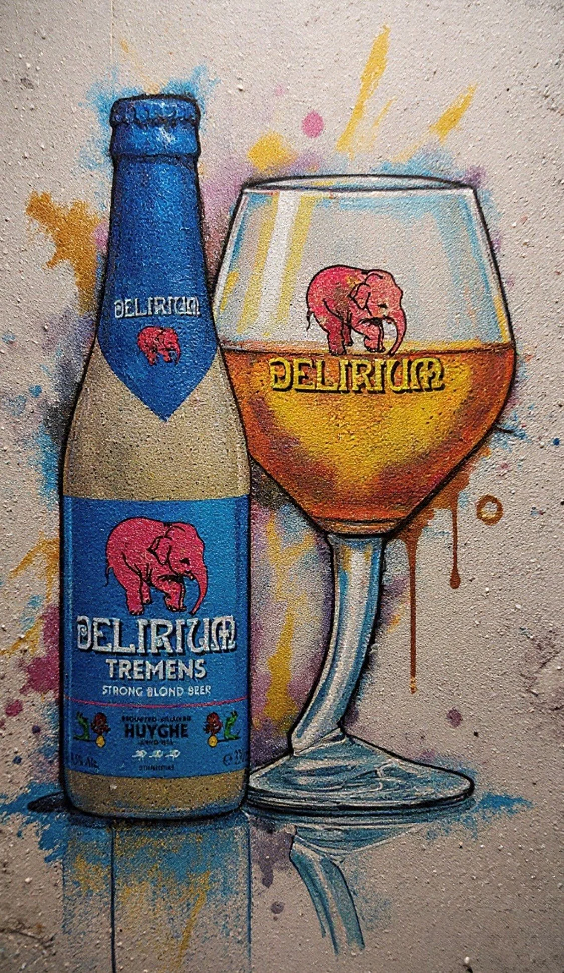 Delirium Tremens bottle with branded glass filled with golden ale as graffiti art