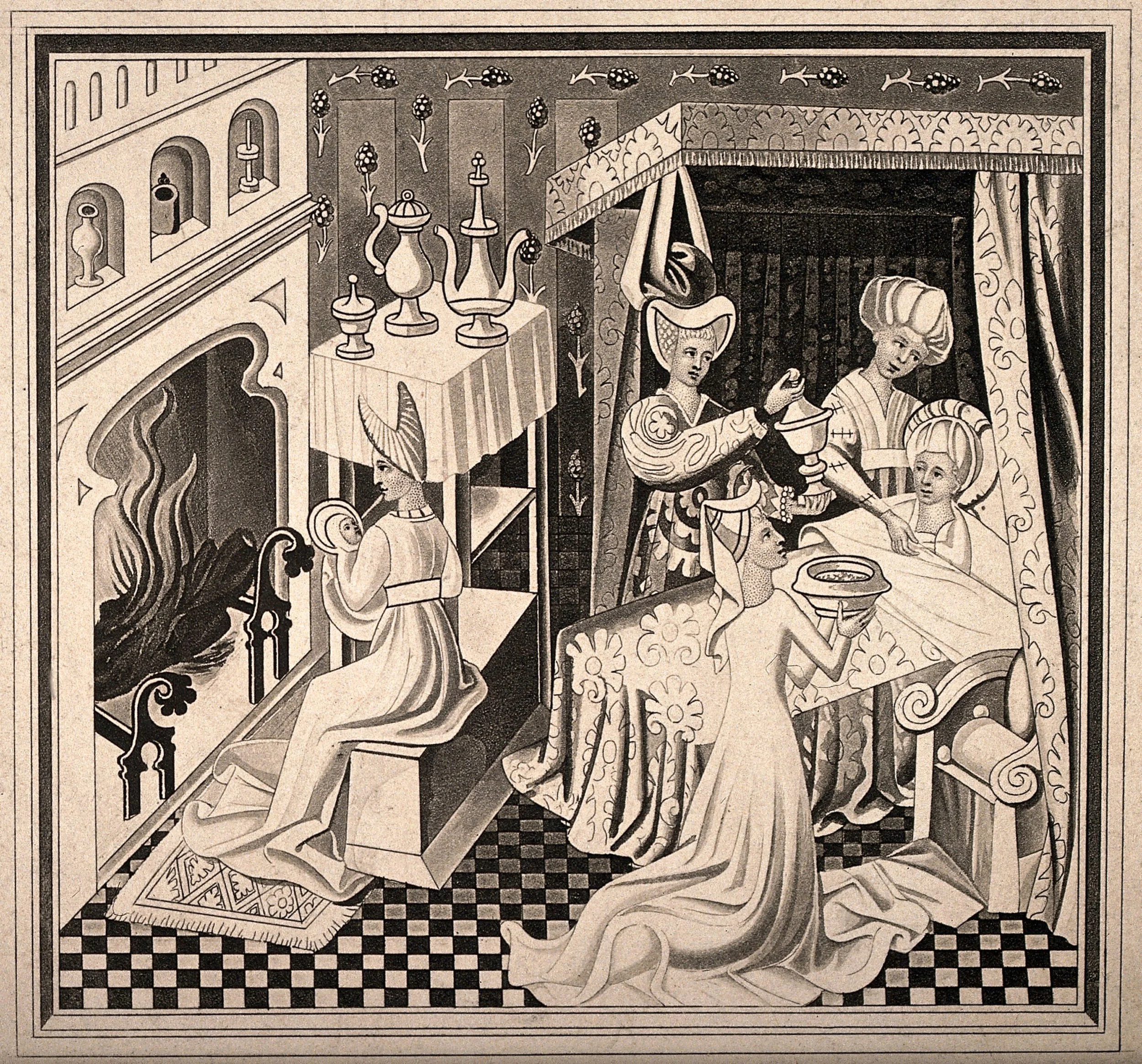 Nineteenth-century print of a medieval painting showing a mother resting in bed after giving birth, surrounded by attending women, while a midwife holds the baby