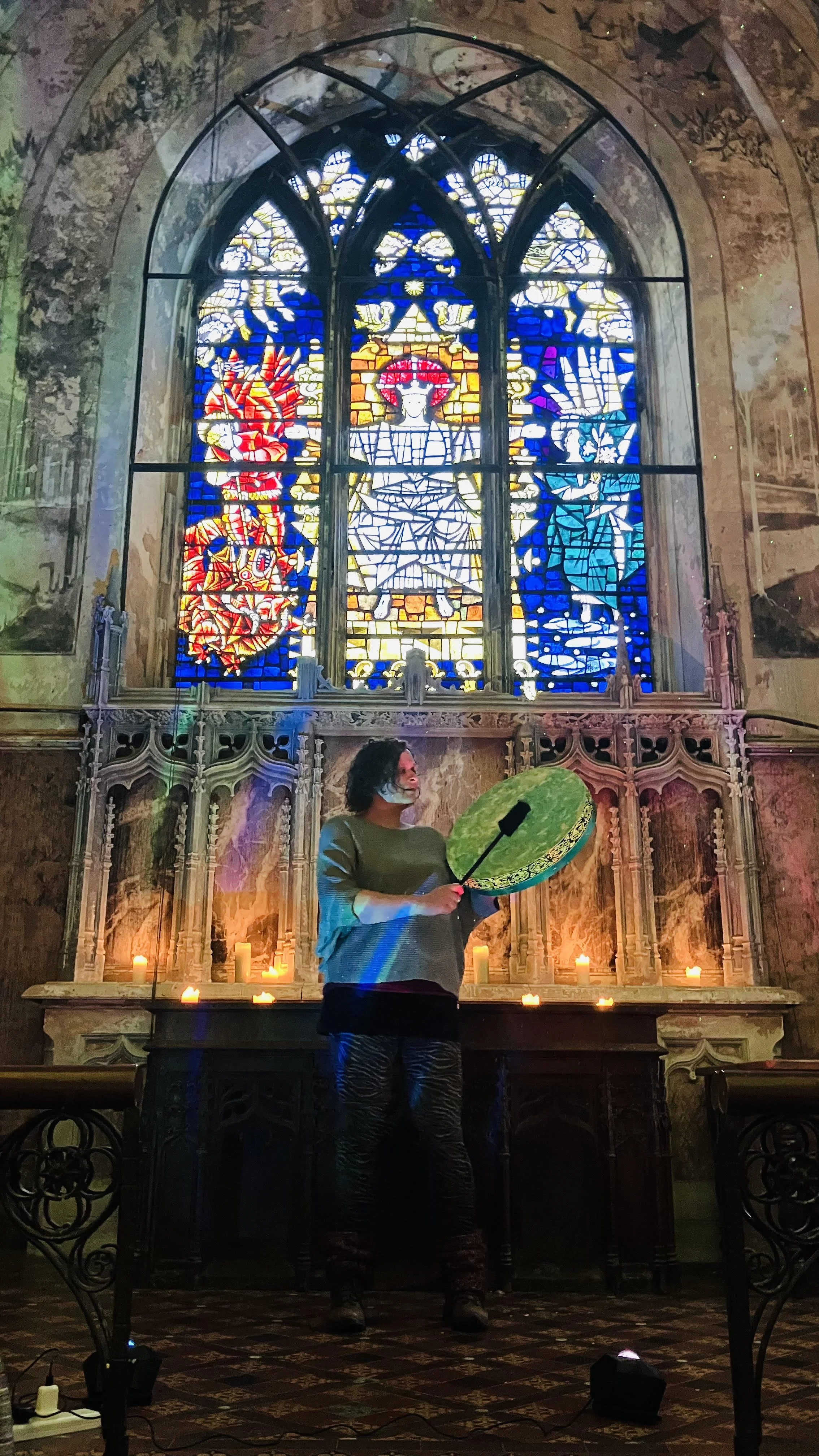 shamanic practitioner drumming at the mount without