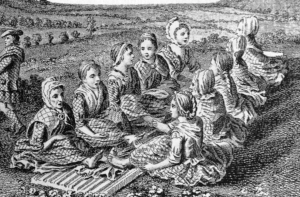 Eighteenth-century engraving of Scottish women gathered around a length of cloth, waulking it together and singing.
