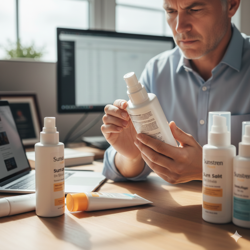 Man at a desk inspecting a bottle of sunscreen, surrounded by additional bottles of sunscreen and skincare products, with a computer monitor and a laptop in the background.
