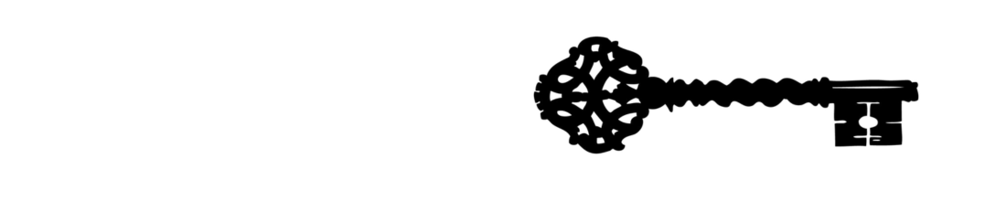 Black silhouette of a vintage key with an ornate bow and a simple rectangular bit, lying horizontally on a white background.