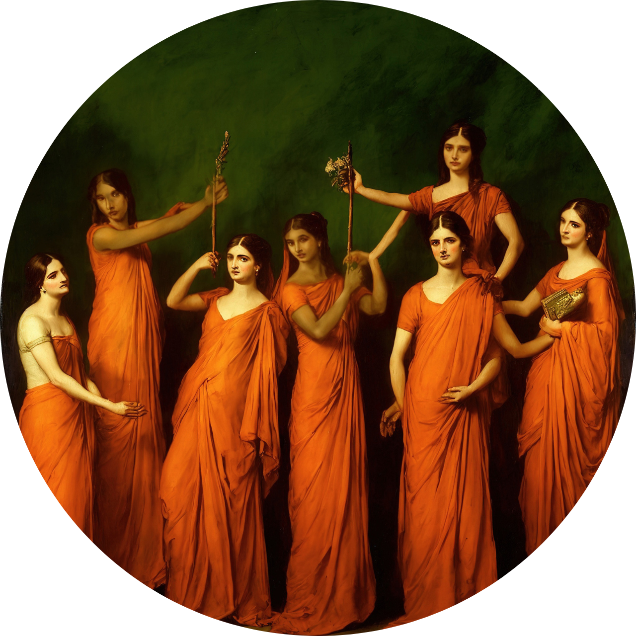 Painting of eight women dressed in orange robes, some holding flowers or objects, standing against a green background.