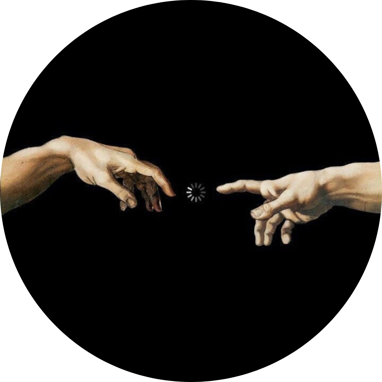 Unveiled Society logo — two hands reaching toward each other on black resembling Michelangelo's 'The Creation of Adam'.