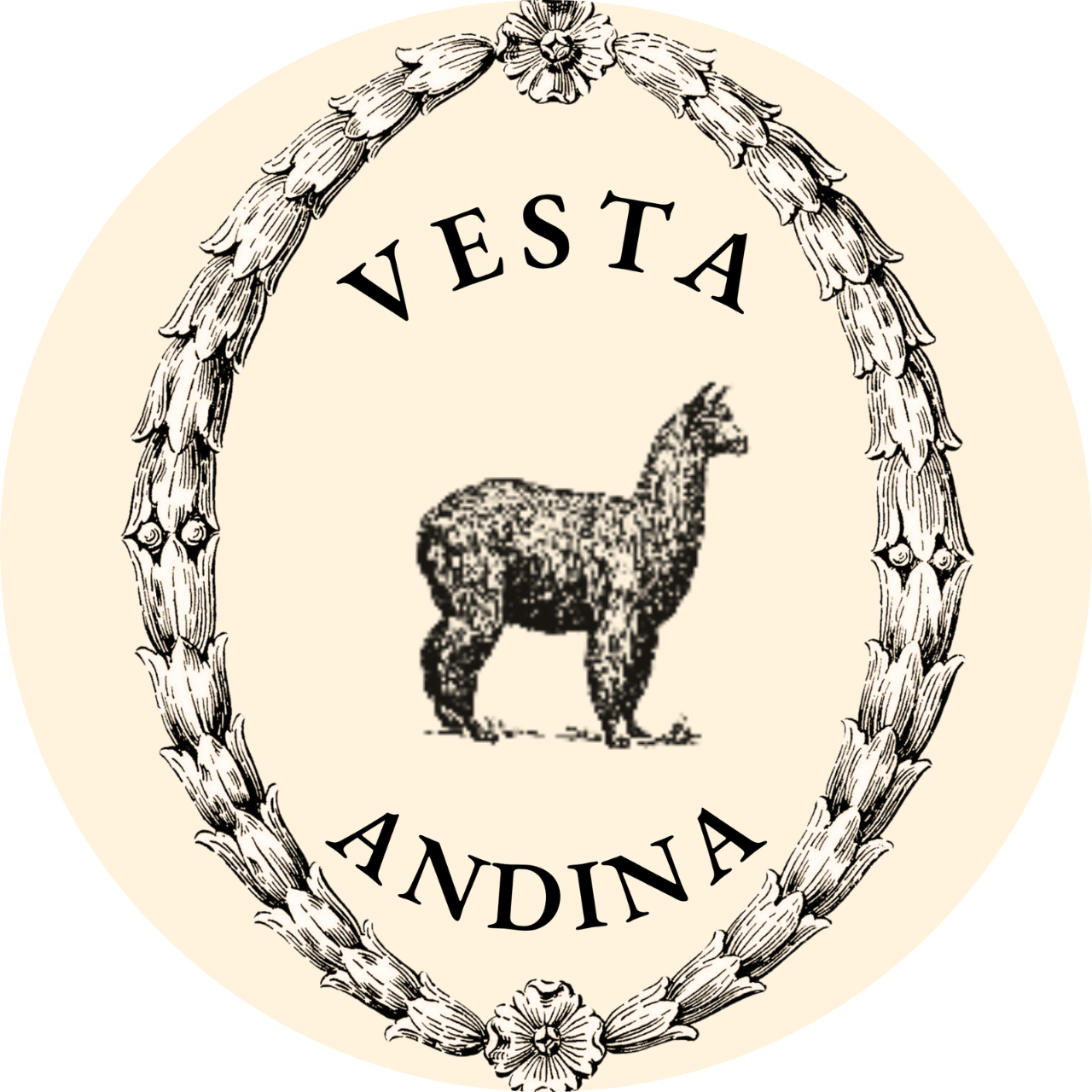 Vesta Andina logo — alpaca within a botanical wreath.