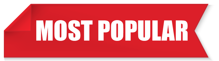 Red banner with white text saying "Most Popular" and a white arrow on the right side.