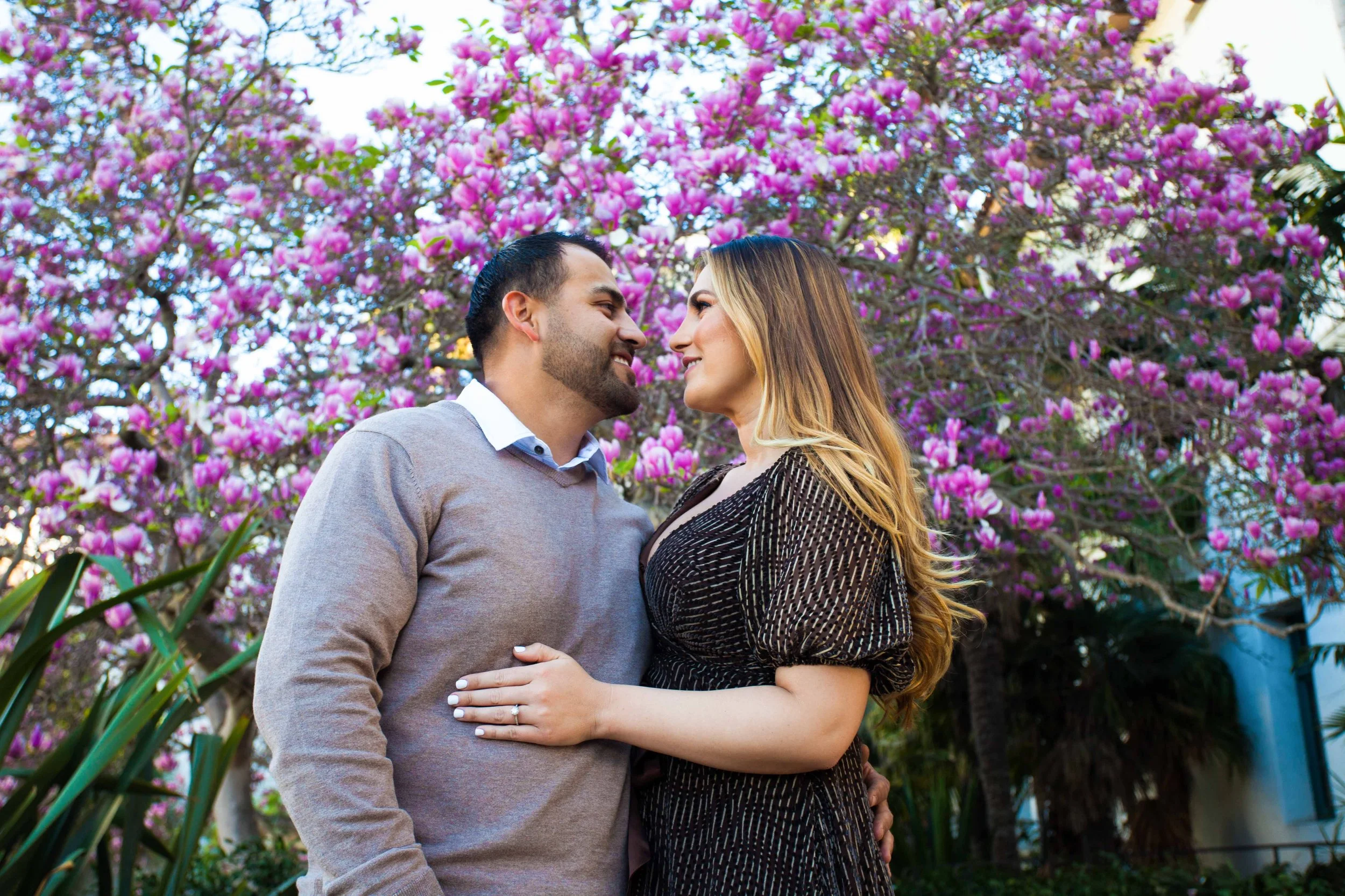 A couple looking at each other closely in front of pink flowering trees, outdoors.