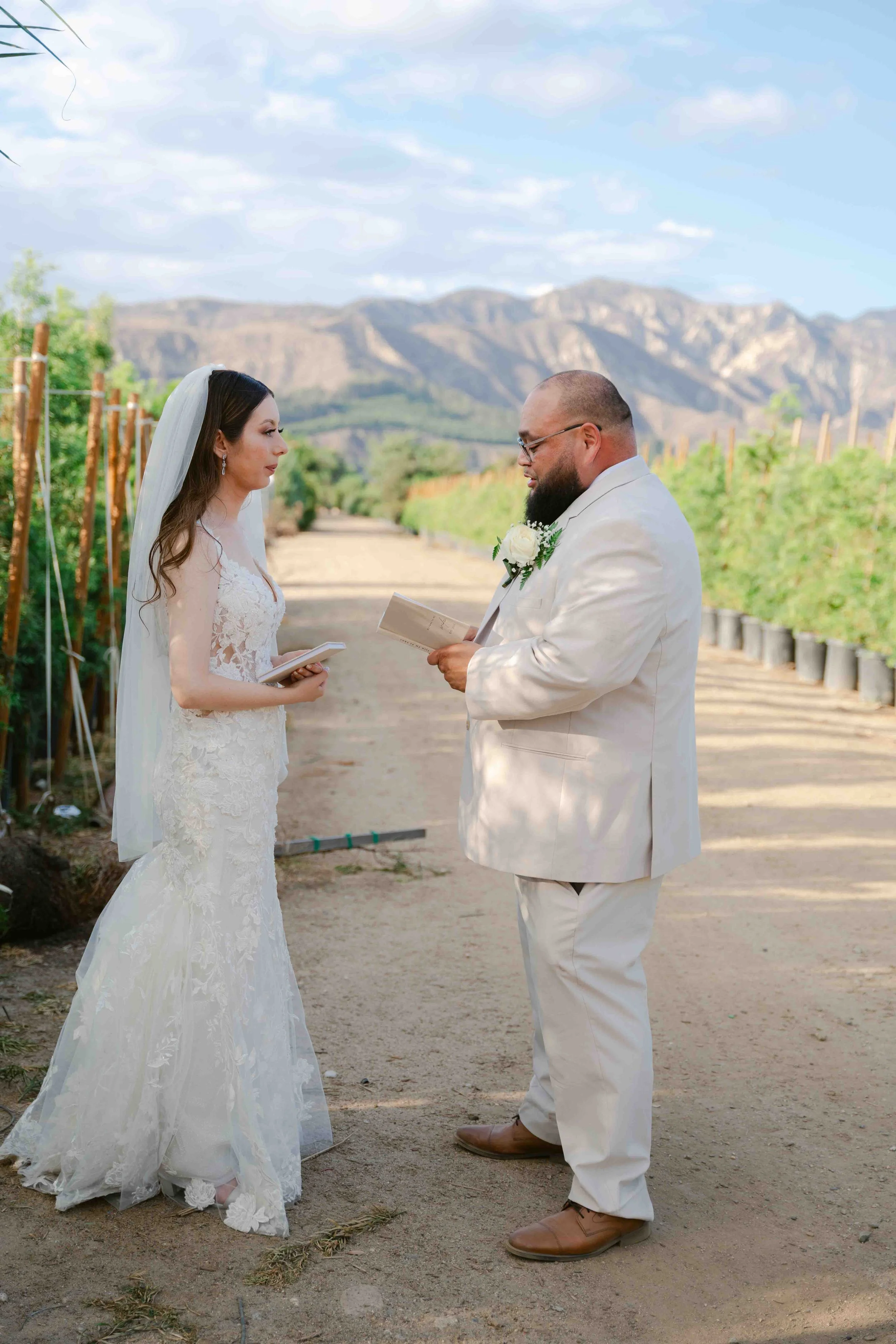 A bride and groom exchanging vows outside in a scenic vineyard with mountains in the background.