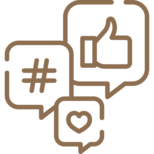 Outline icons of social media reactions including a thumbs up, hashtag, and heart within speech bubbles.