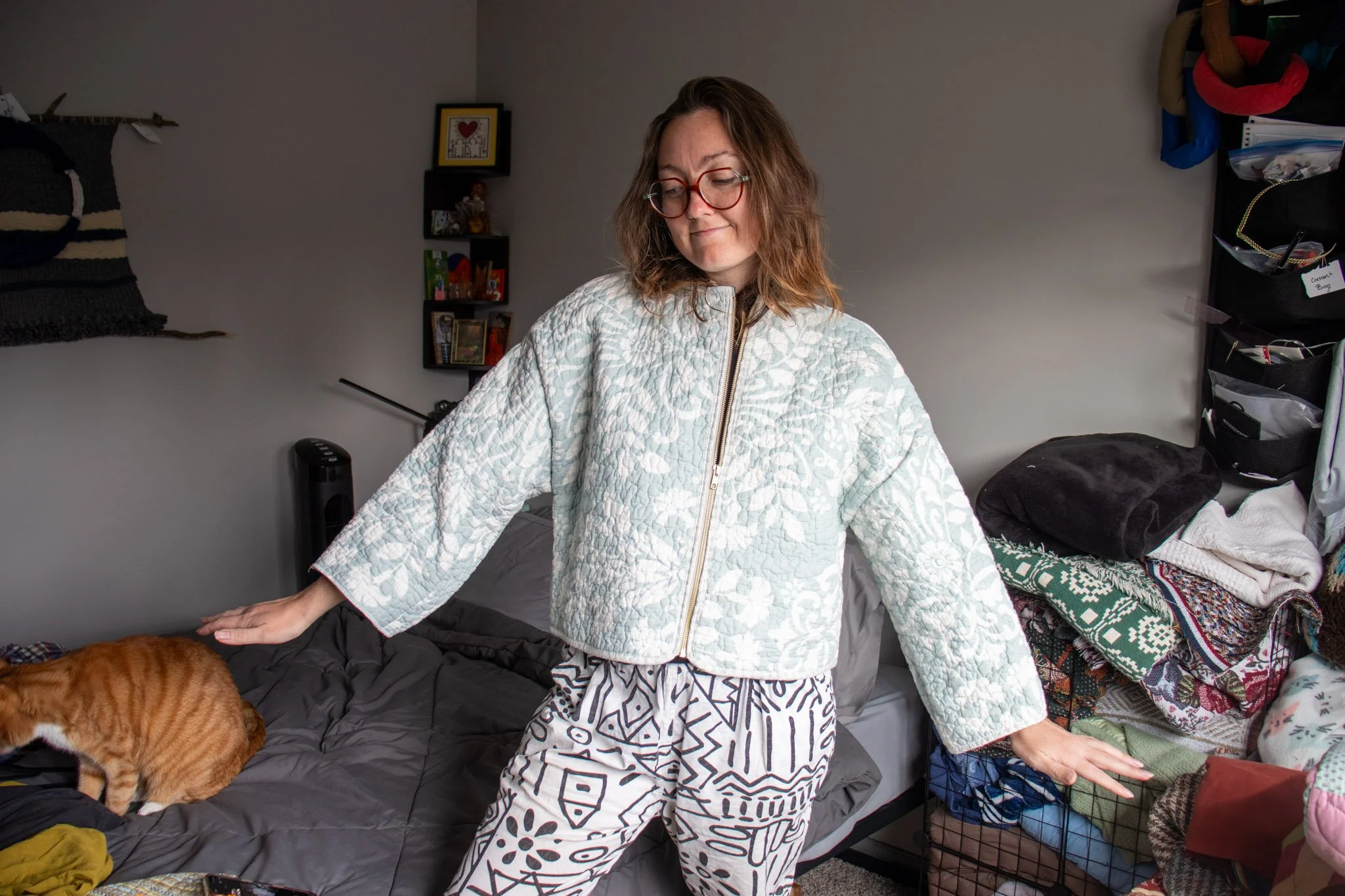 Blue Quilt Coat with Floral Pattern