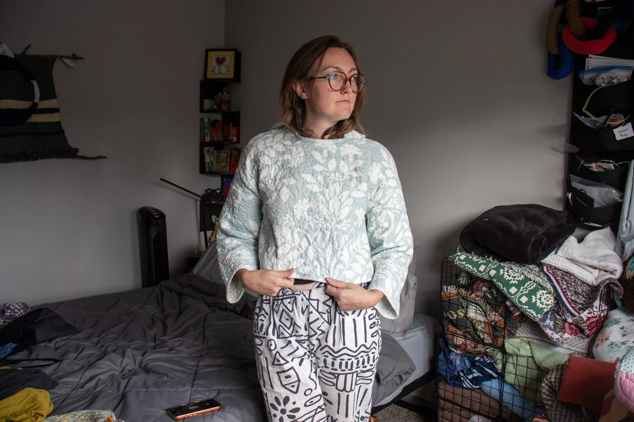 Blue Quilted Hoodie with Floral Pattern