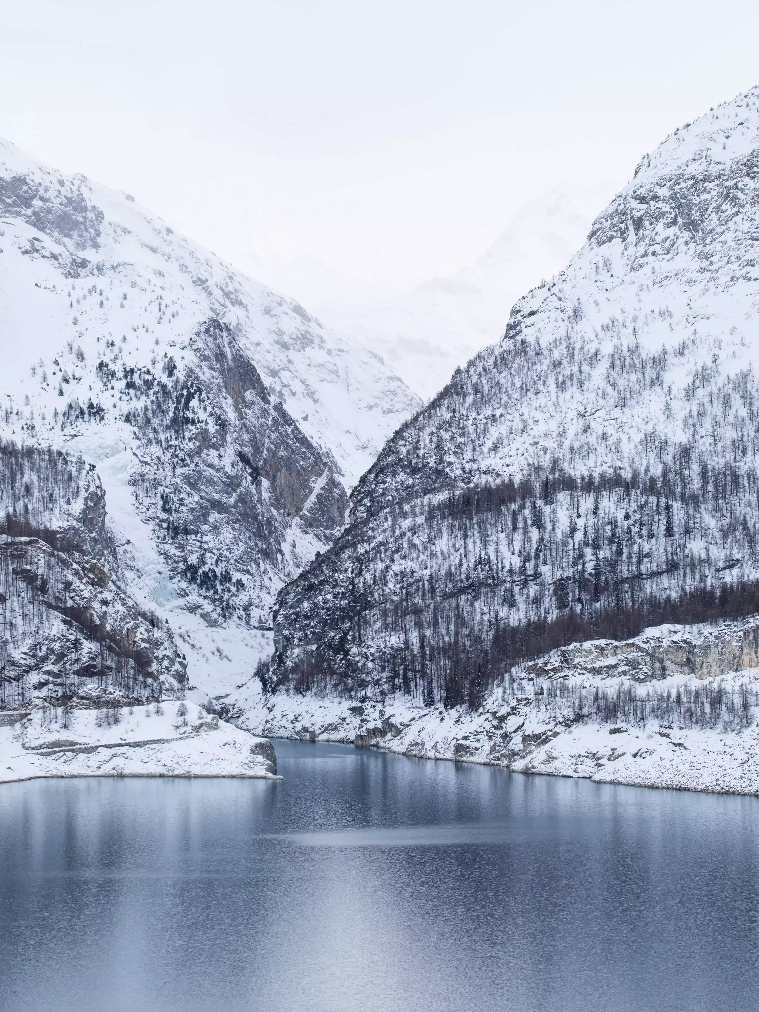 View of a lake in Tignes, surrounded by snow-capped mountains and pine forests in winter. The lake's calm blue water reflects the cloudy sky and snow-covered slopes.