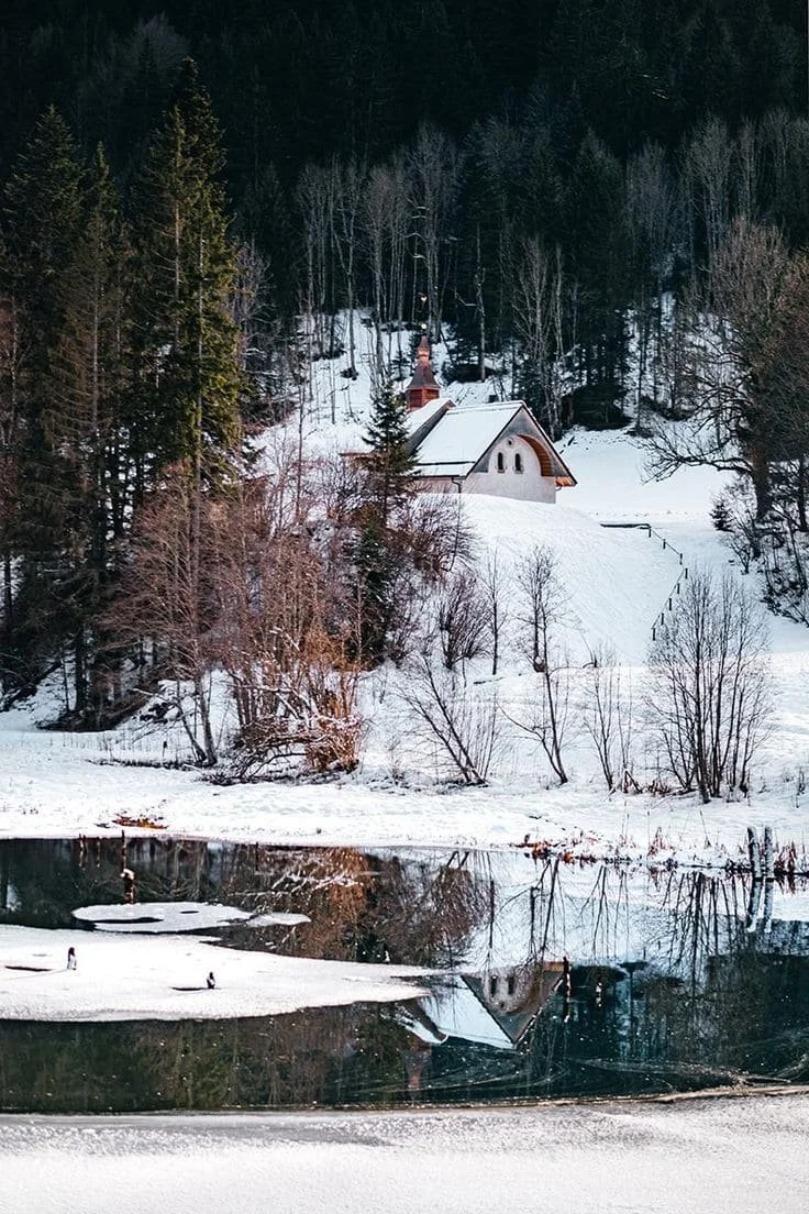 Paysage enneigé près d’Évian-les-Bains – chalet alpin, forêt et reflets sur un lac gelé – Aylo Montagne.