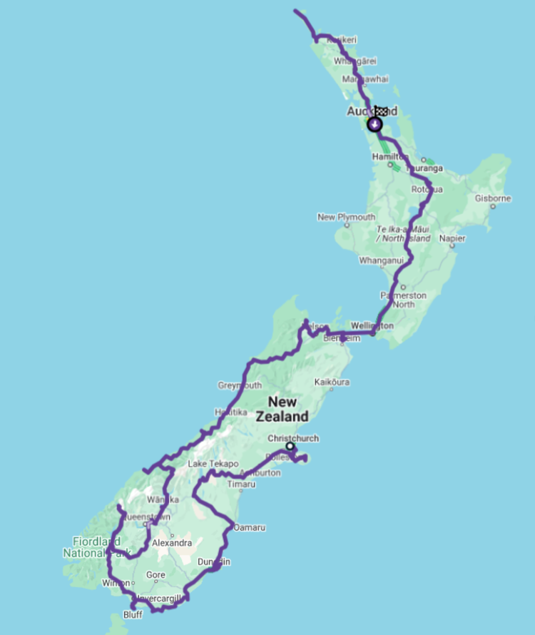 Map of Marcella and Reto's 4,875 kilometre route around New Zealand in Charly.