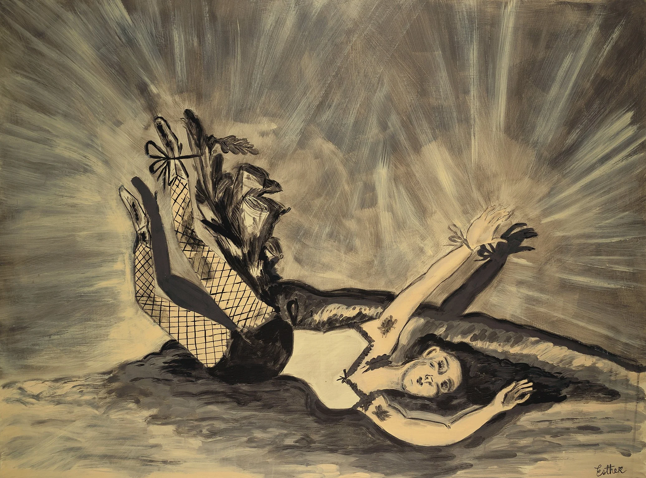 Esther Suzanne Scott  
/ Betty Tied to a Tree Stump
2026 / 36 x 48"
acrylic on wood panel
$4,400
click to purchase