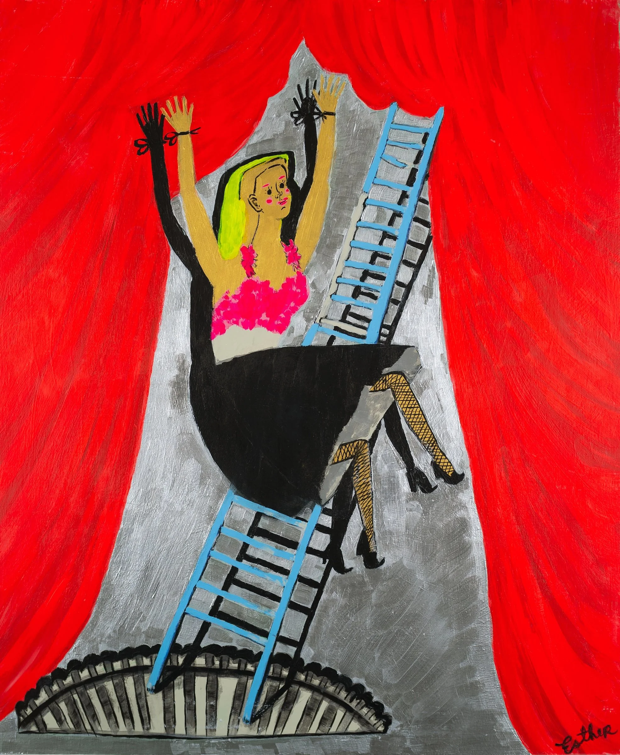 Esther Suzanne Scott  
/ Stuffed Doll Falling from the Ladder
2026 / 24 x 20"
acrylic on wood panel
private collection