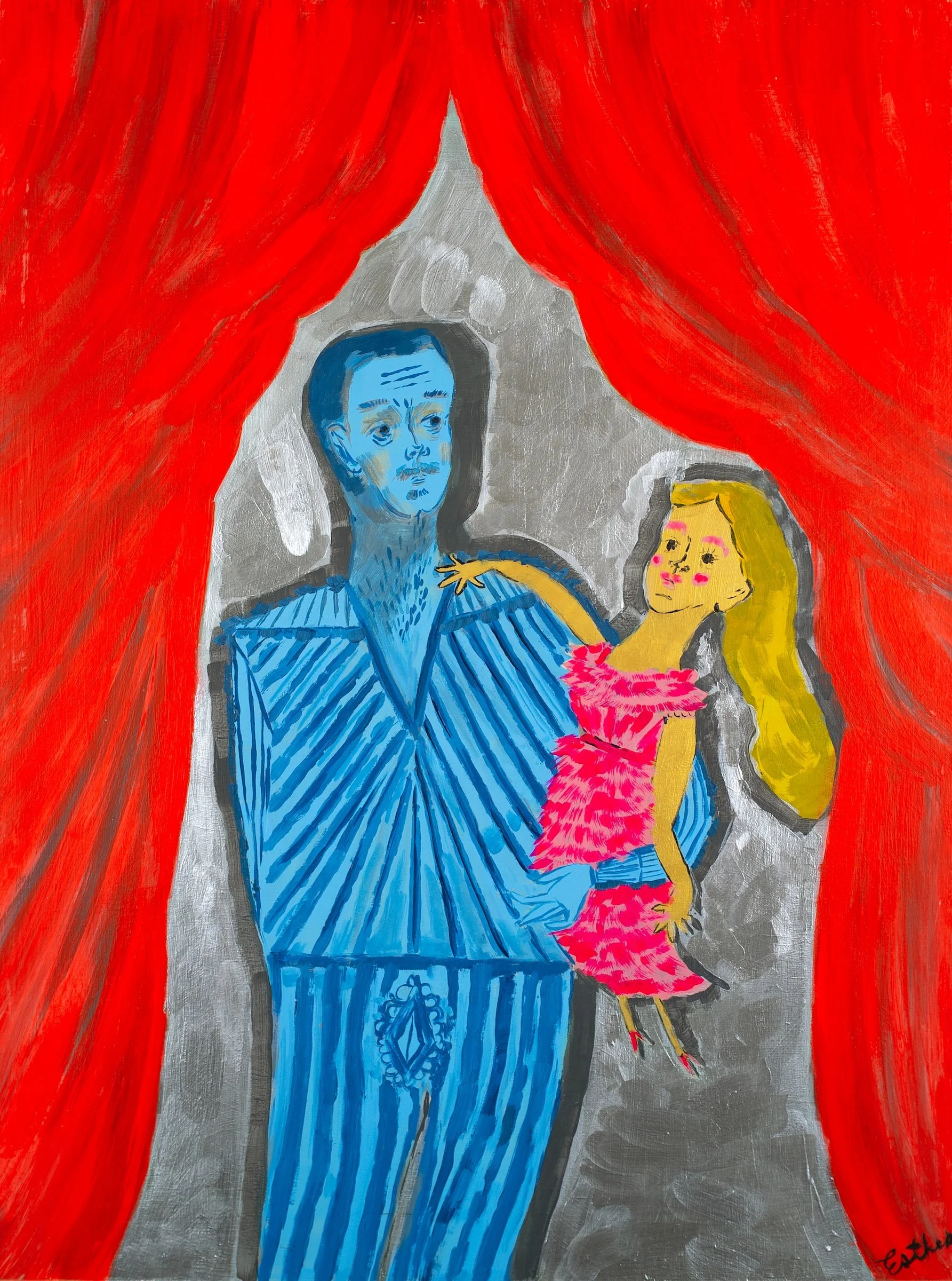 Esther Suzanne Scott  
/ Man Adoring his Fancy Stuffed Doll Whenever he Takes her to Public Spaces
2026 / 24 x 18"
acrylic on wood panel
private collection