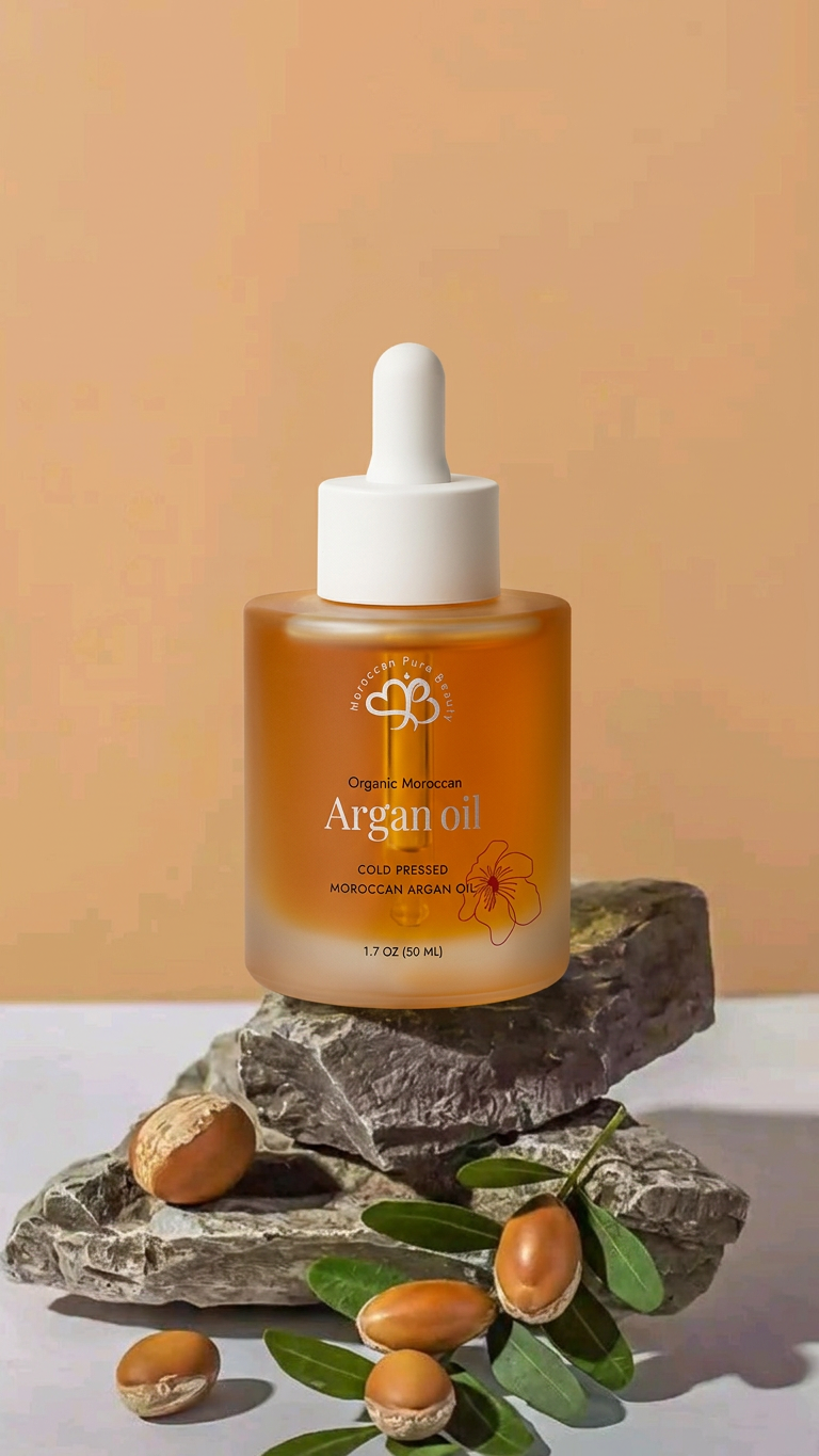 A bottle of organic Moroccan argan oil with a white dropper cap, placed on a stack of rocks with olive leaves and argan nuts surrounding it, set against a beige background.