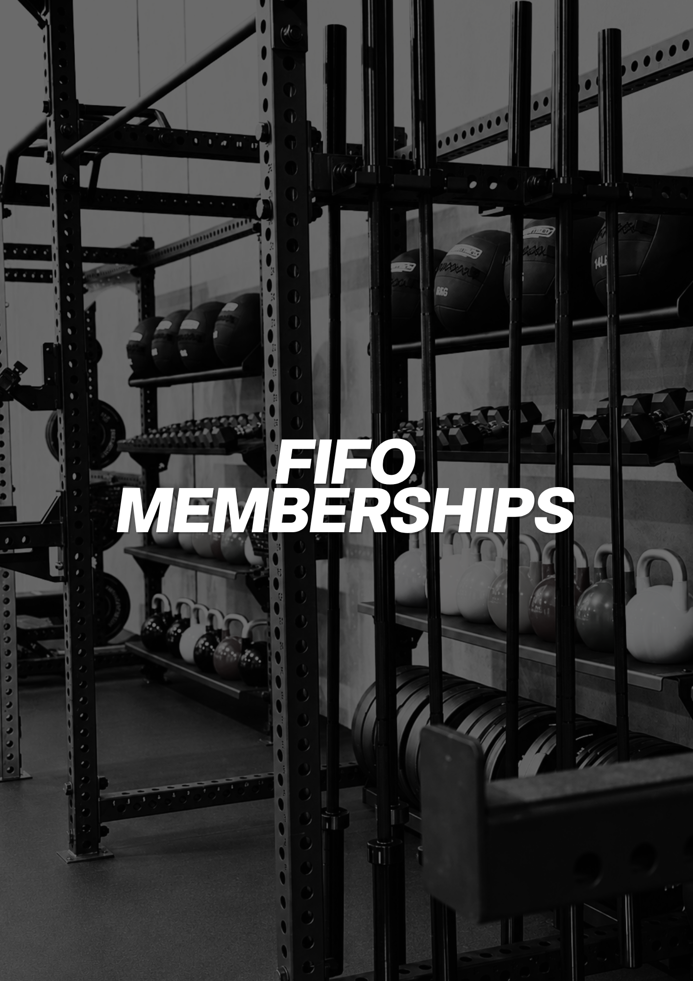 Weightlifting gym with black metal racks holding medicine balls, kettlebells, and weight plates.