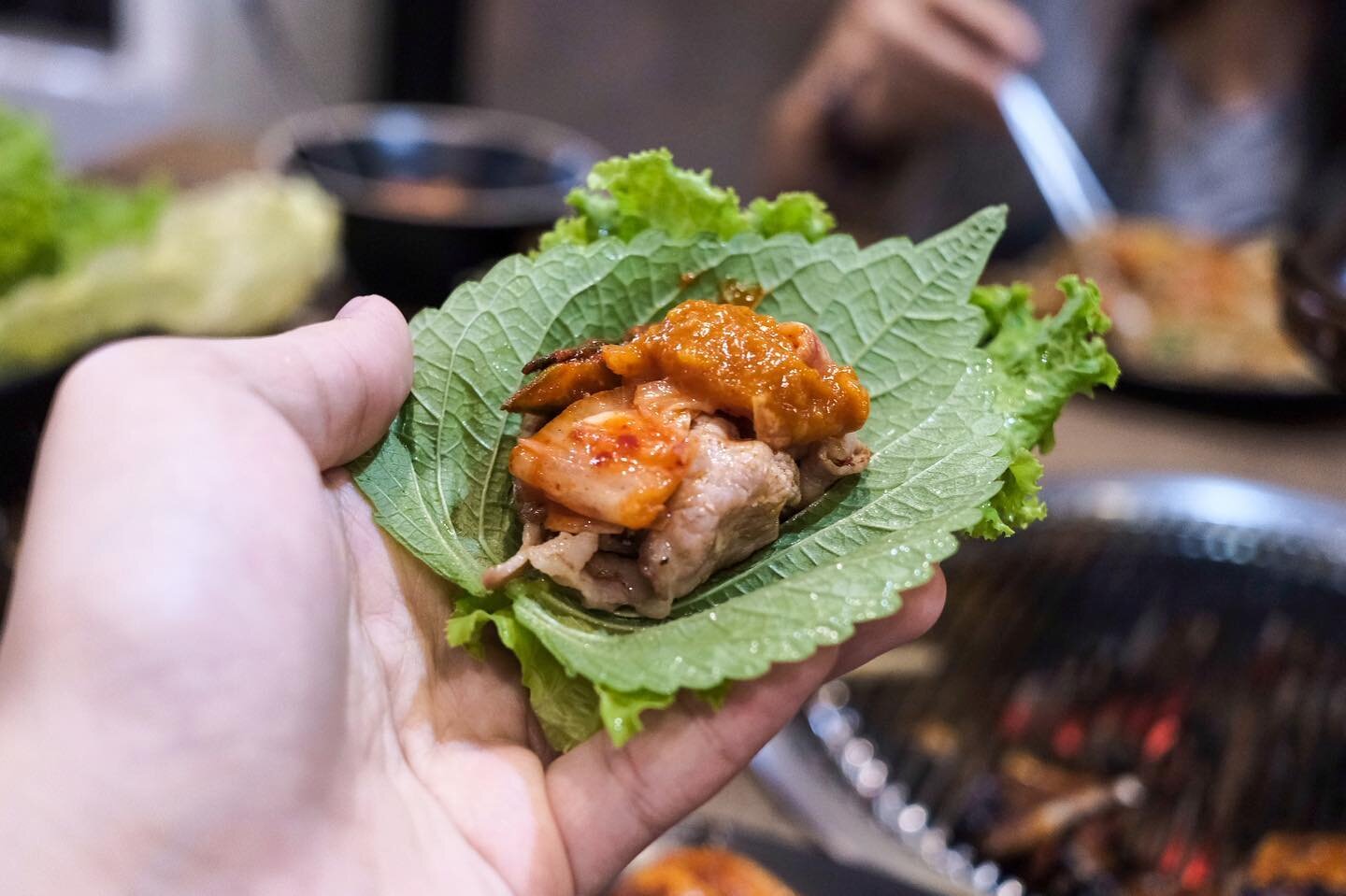 One of my favorite things, a nice Ssam. A bit of grilled Galmaegisal, kimchi, and Ssamjang all wrapped in a lettuce and perilla leaf 🤤

Not sure about what I just said? Don&rsquo;t worry, you can read all about Korean BBQ at feastographyblog.com or 