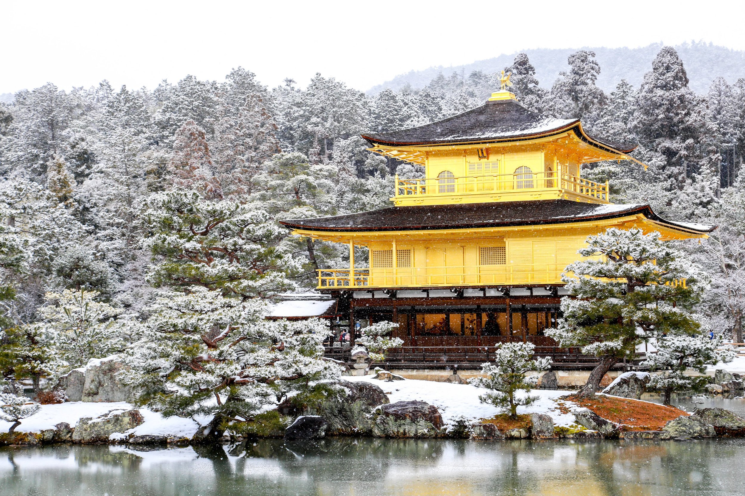 Kinkaku ji temple golden pavilion snow winter kyoto