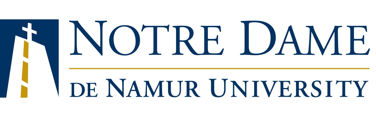 Notre Dame de Namur University logo featuring a stylized church tower with a cross on top and the university's name in blue and gold text.