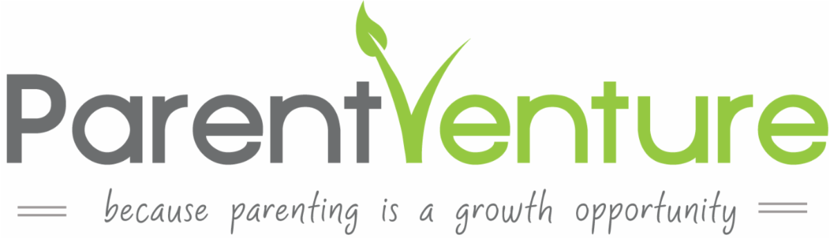 Logo for ParentVenture with a green leaf and checkmark, tagline 'because parenting is a growth opportunity' in gray cursive text.