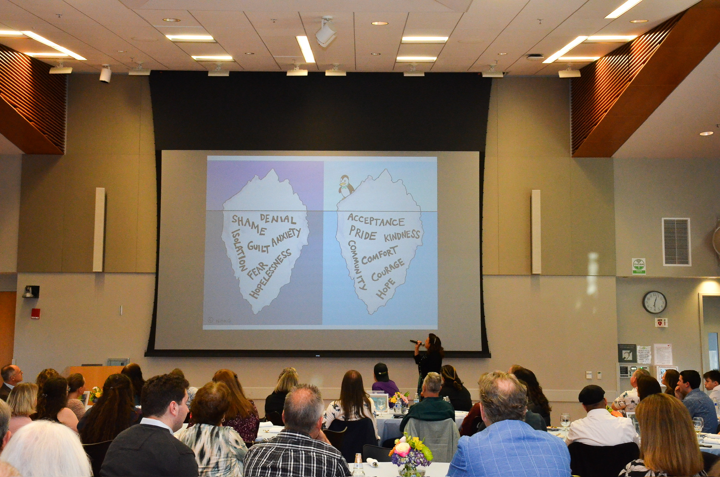 A large indoor conference room filled with seated audience members listening to a speaker. A large screen displays a side-by-side comparison of mountain illustrations shaped like human brains, with words representing different emotional states such a
