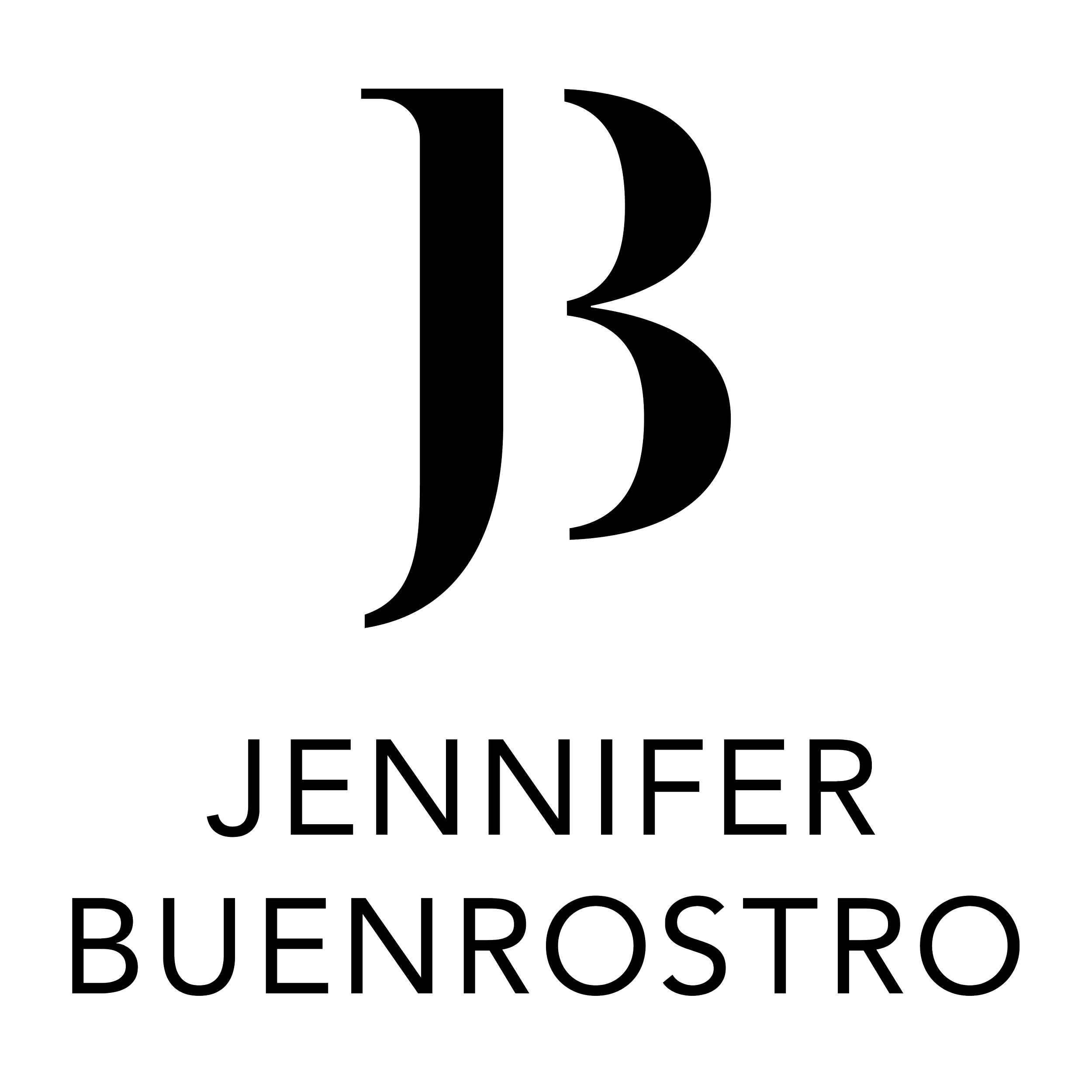 Black background with outline of a large letter B and the name Jennifer Buenrostro below.