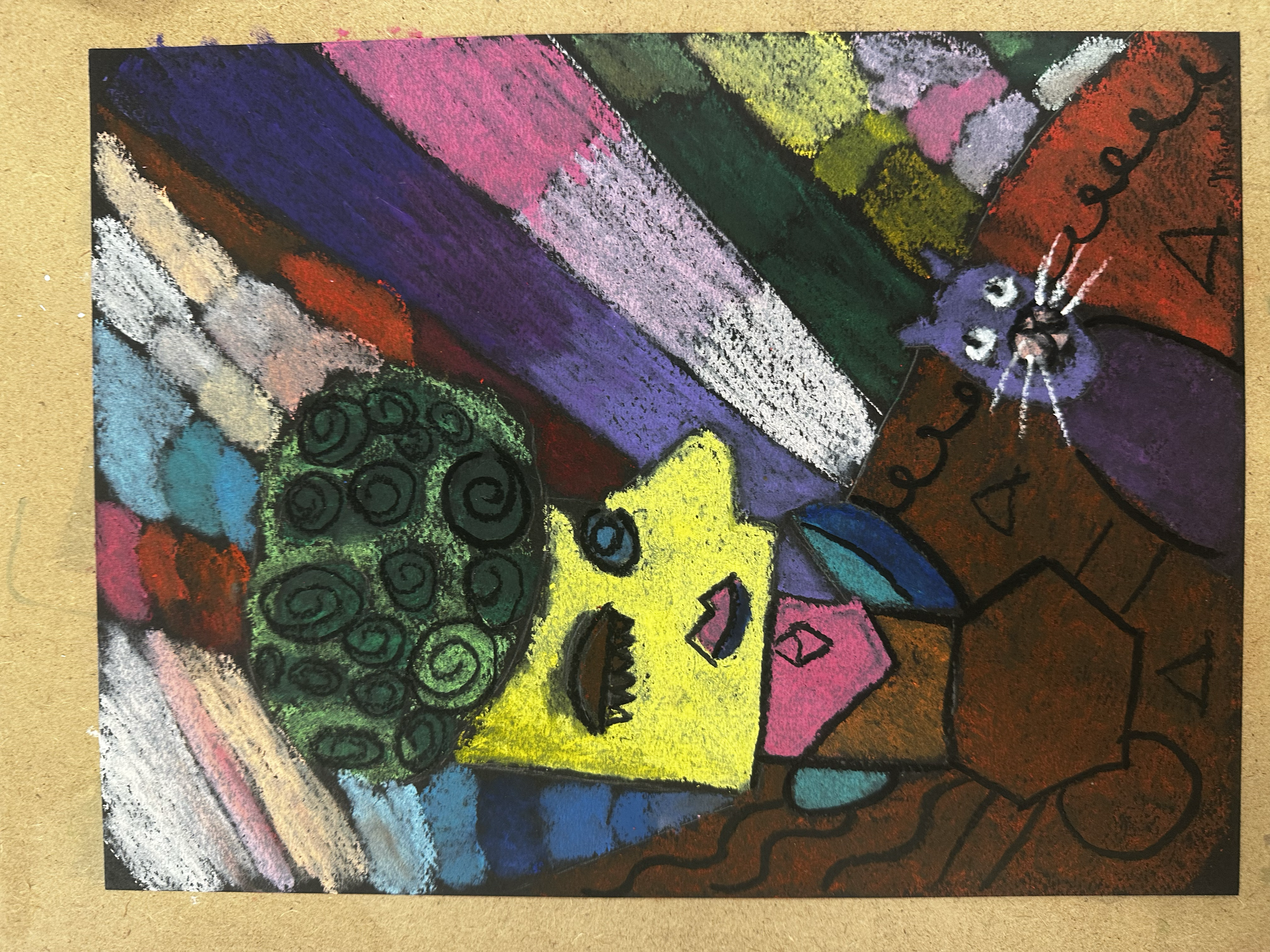 Colorful abstract chalk drawing on paper featuring diagonal stripes, swirls, and mountain-like shapes in vibrant pinks, purples, blues, greens, yellows, and reds.