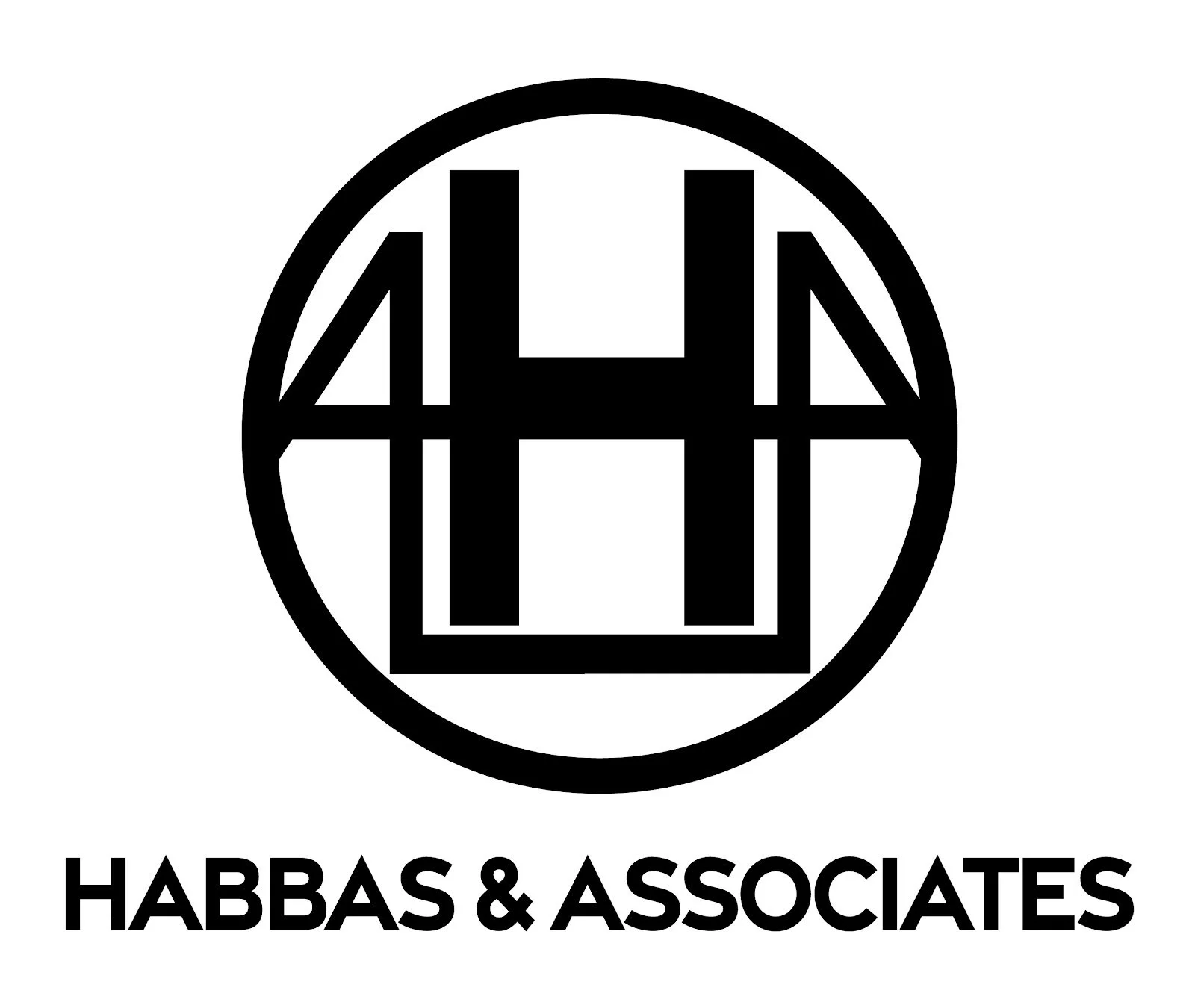 Black and white logo with an abstract building inside a circle, below it the text "HABBAS & ASSOCIATES".