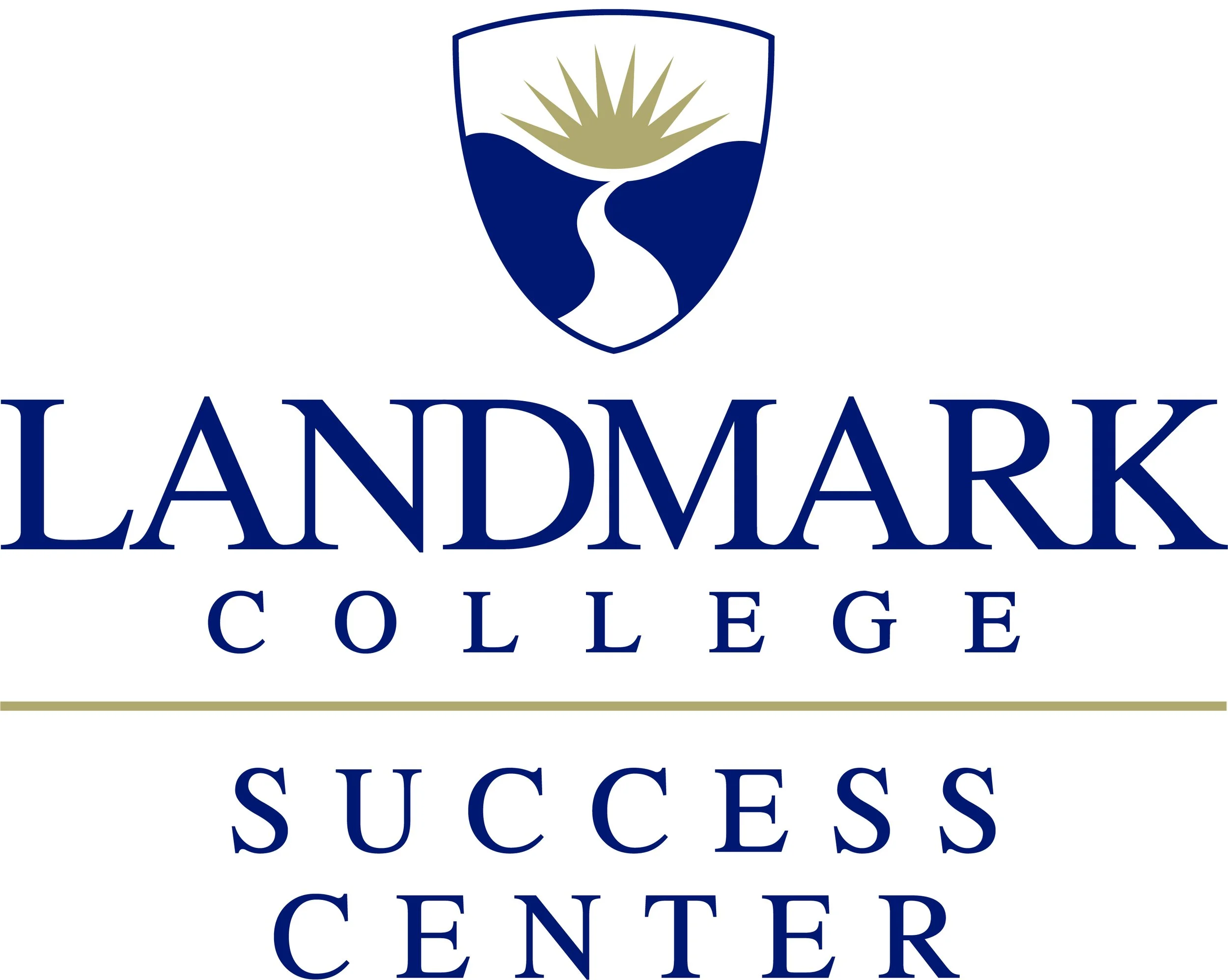 A logo with a shield design featuring a rising sun and a winding road, along with the words 'LANDMARK COLLEGE SUCCESS CENTER' in blue text.
