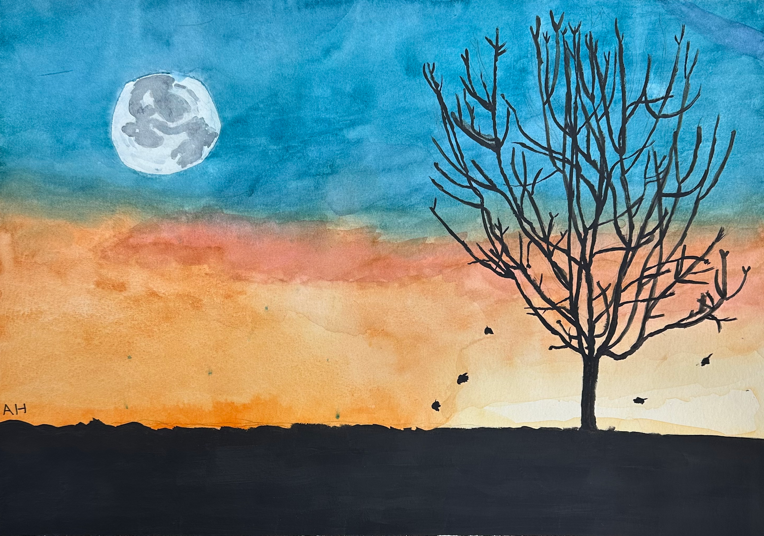 A watercolor painting of a landscape at sunset with a large moon in the sky, a bare tree in the foreground, and a few birds flying around.