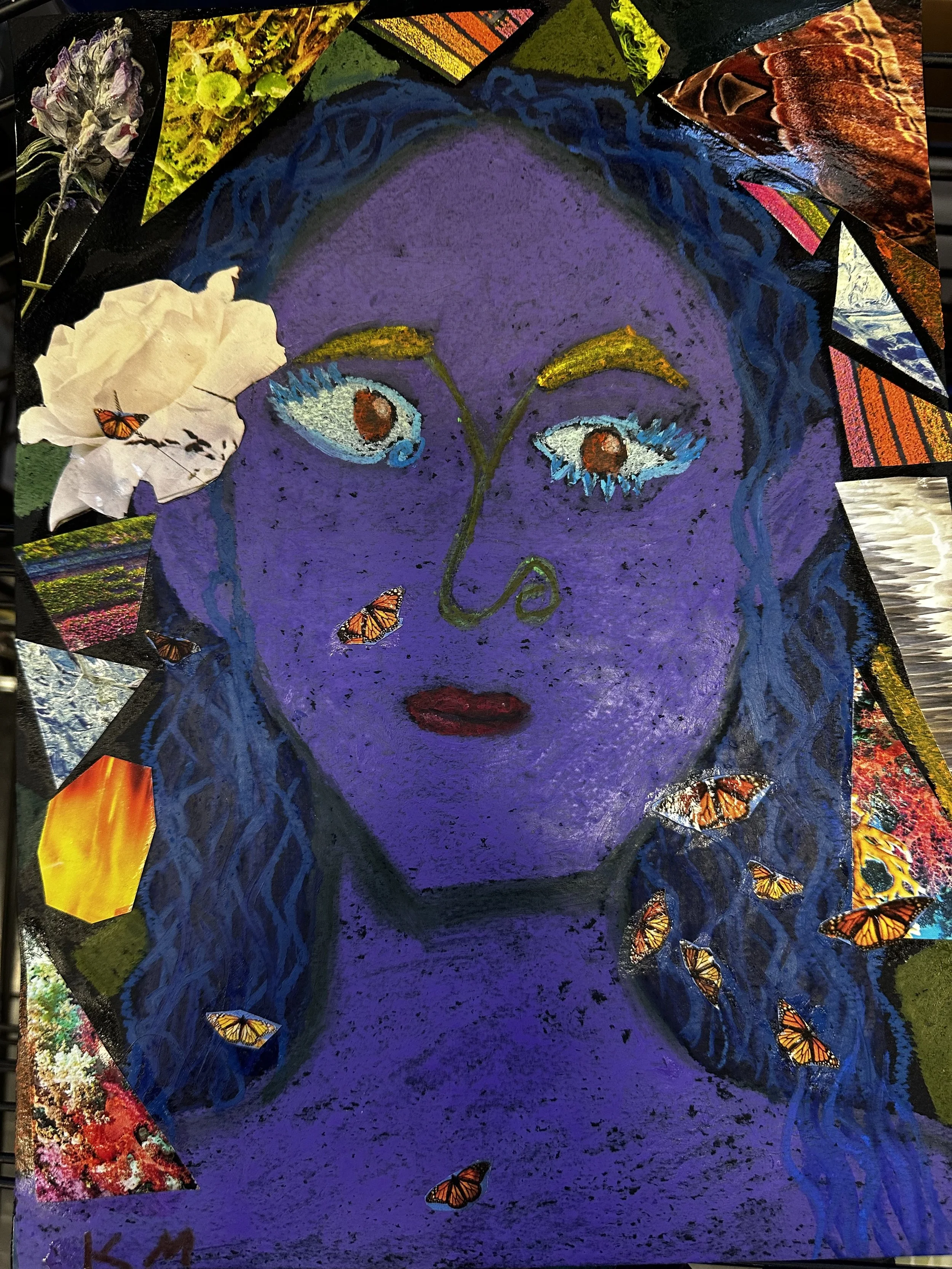 A colorful mixed media artwork featuring a purple face with closed eyes, red lips, surrounded by orange and black butterflies, floral patterns, and textured patches of various colors and materials.