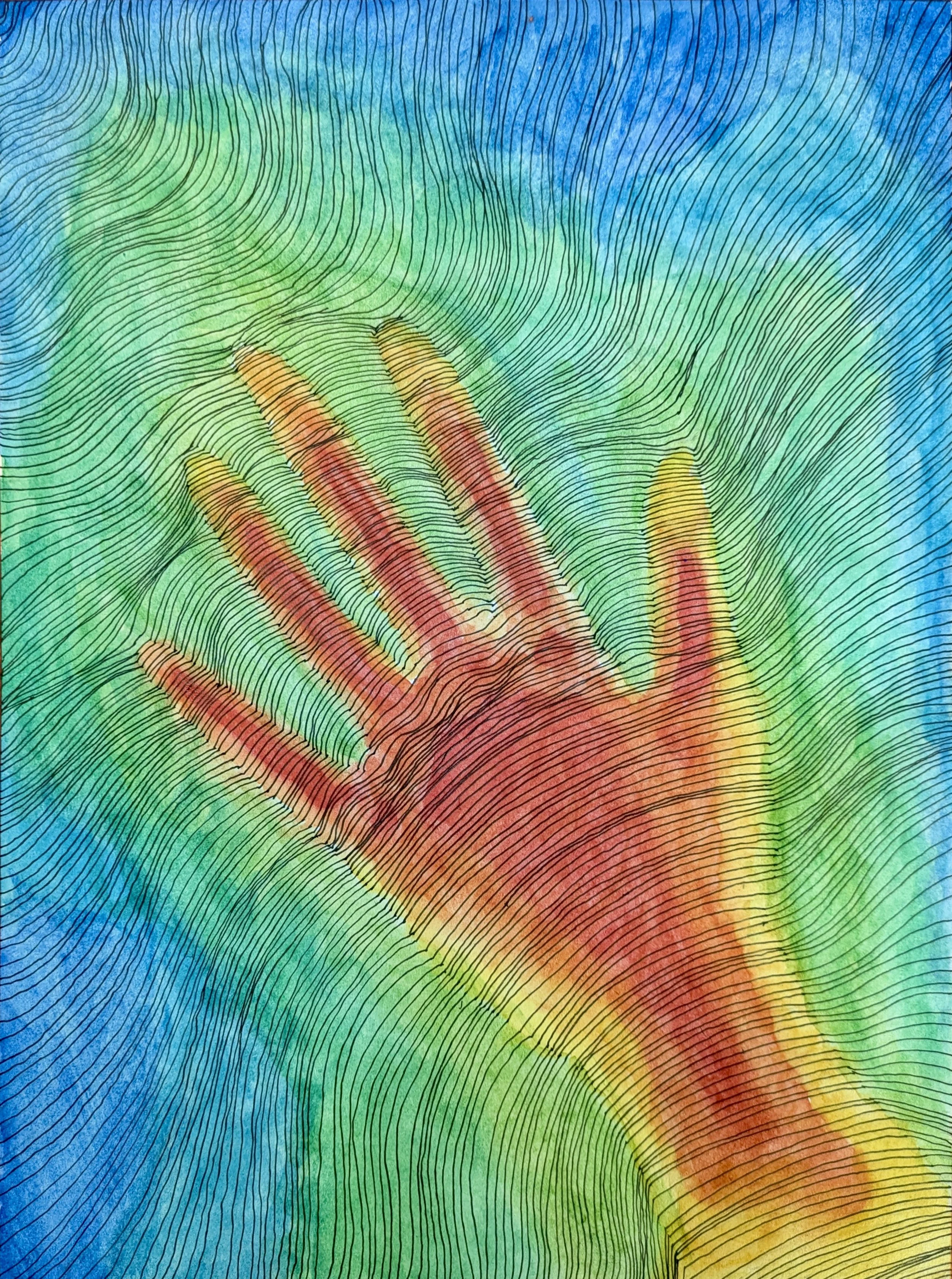 A colorful topographic map with contour lines over an abstract watercolored background, depicting a hand with fingers spread.