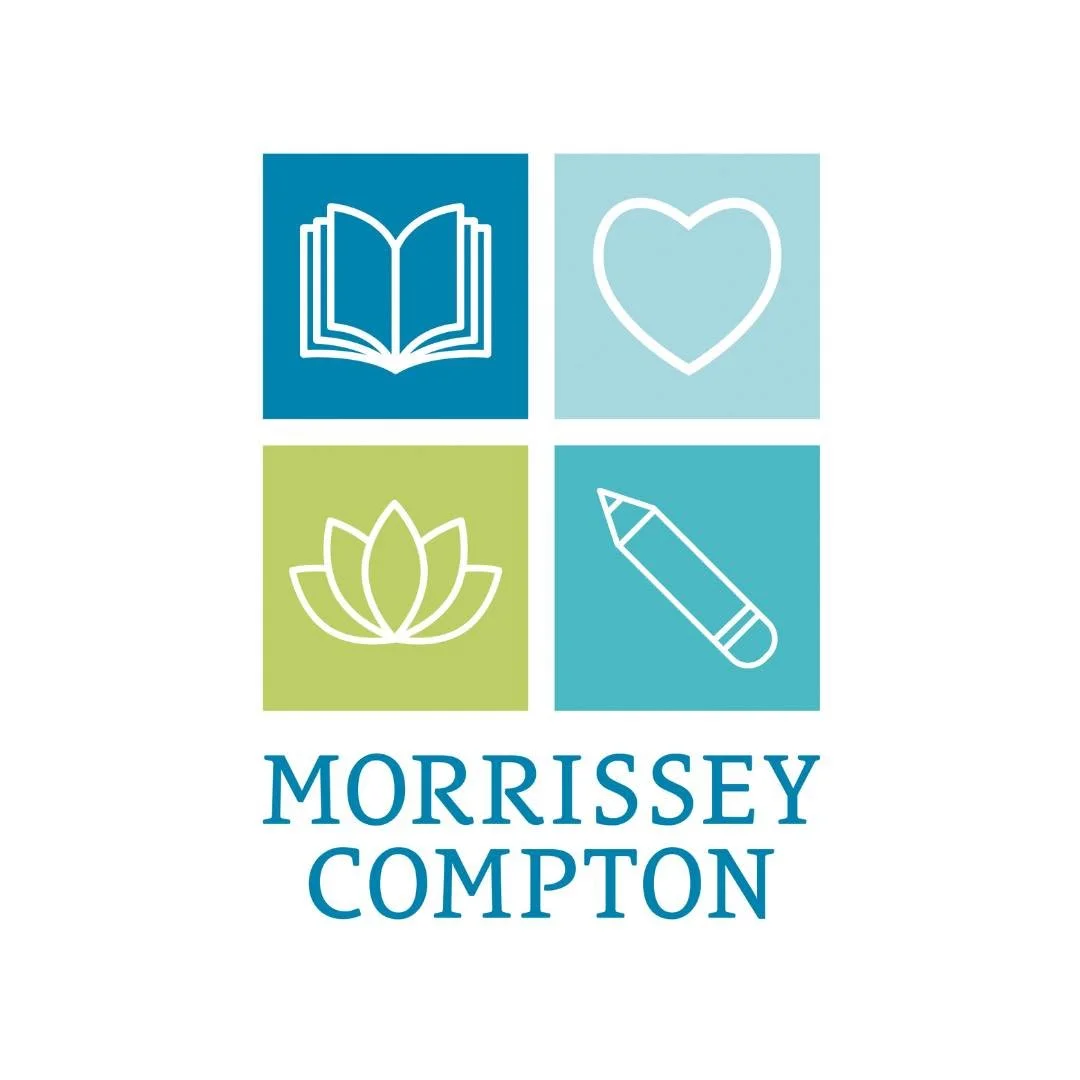 Morrissey Compton logo with four colored squares featuring icons of a book, a heart, a lotus flower, and a pencil.