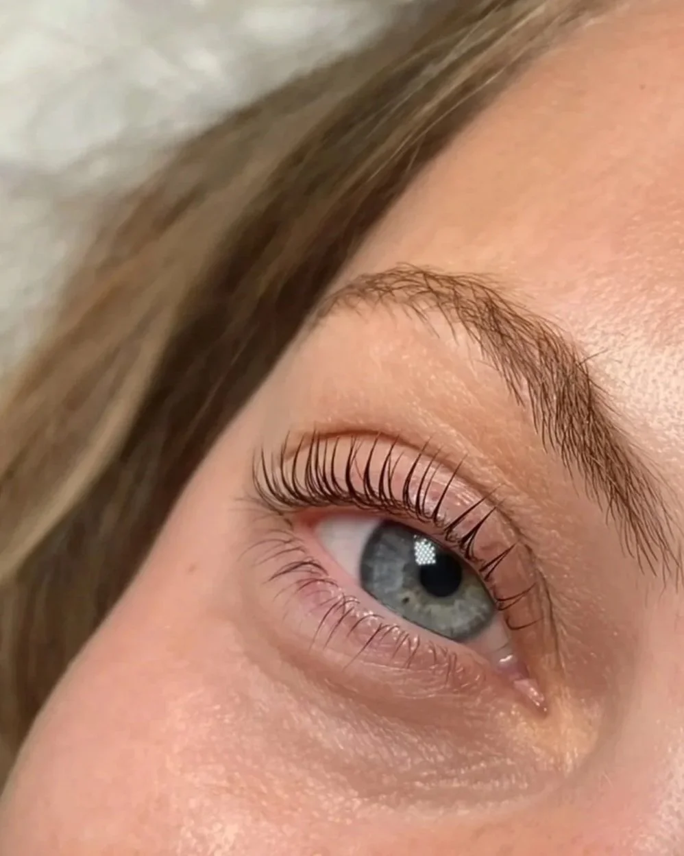 Close-up of a person's eye with blue iris, detailed eyelashes, and light brown eyebrows.
