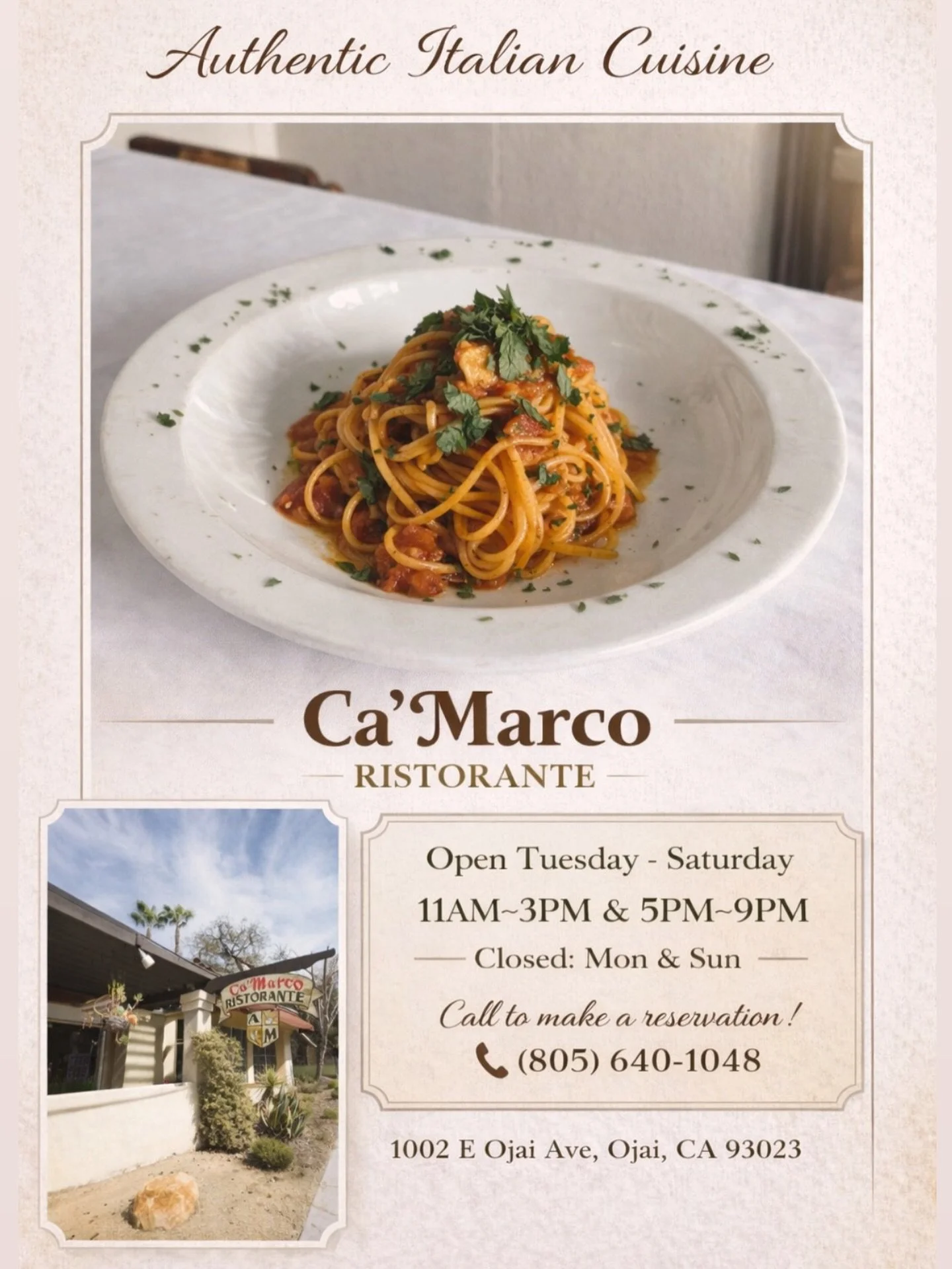We look forward to serving you ✨
Call us to make your reservation for any special occasion 😊 🍷 🍝 

#ojaifood 
#805eats 
#OjaiRestaurants
#ojaivalley 
#visitojai