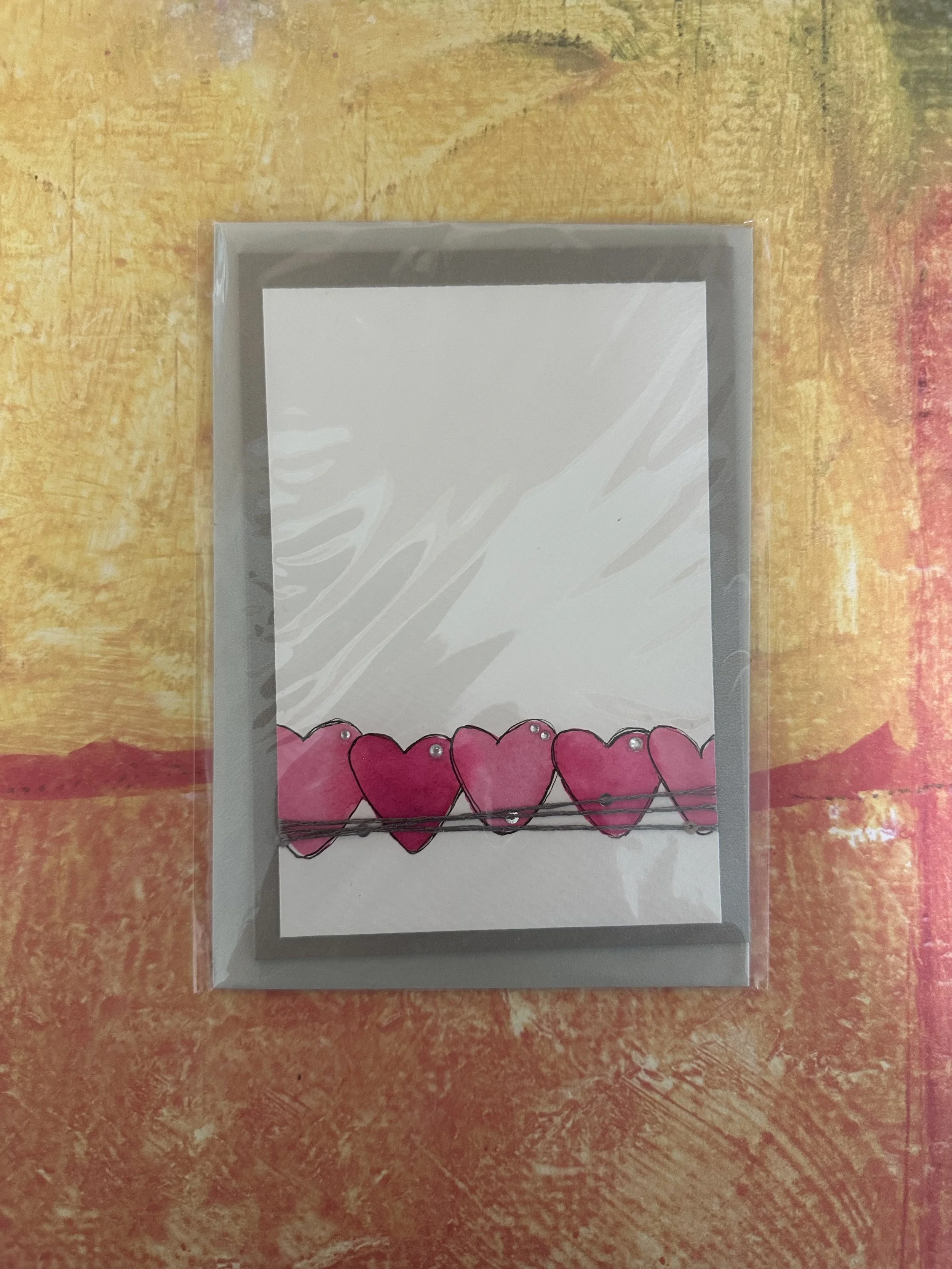 Hand painted card - pink hearts