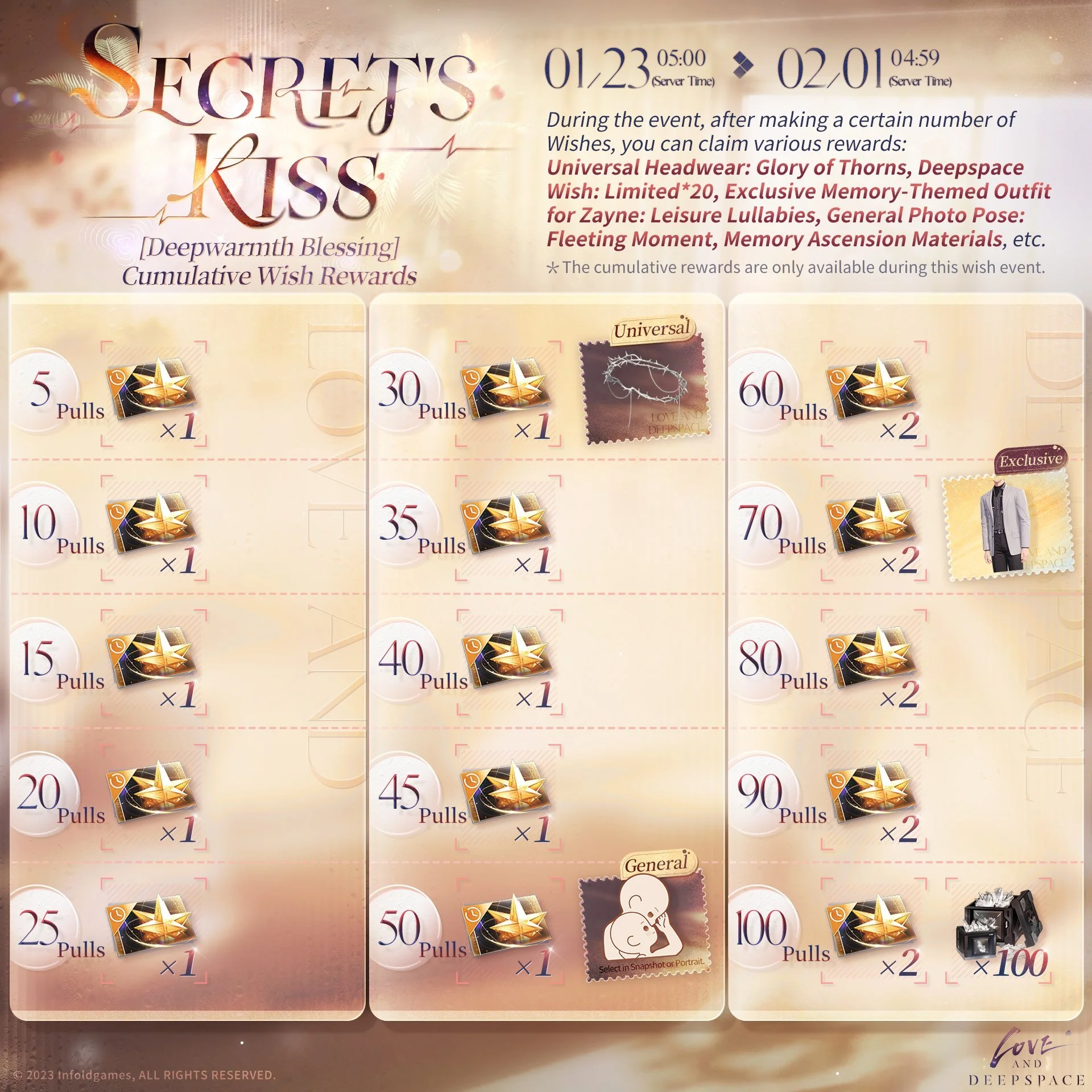 Love and Deepspace | [Secret's Kiss] Cumulative Wish Rewards