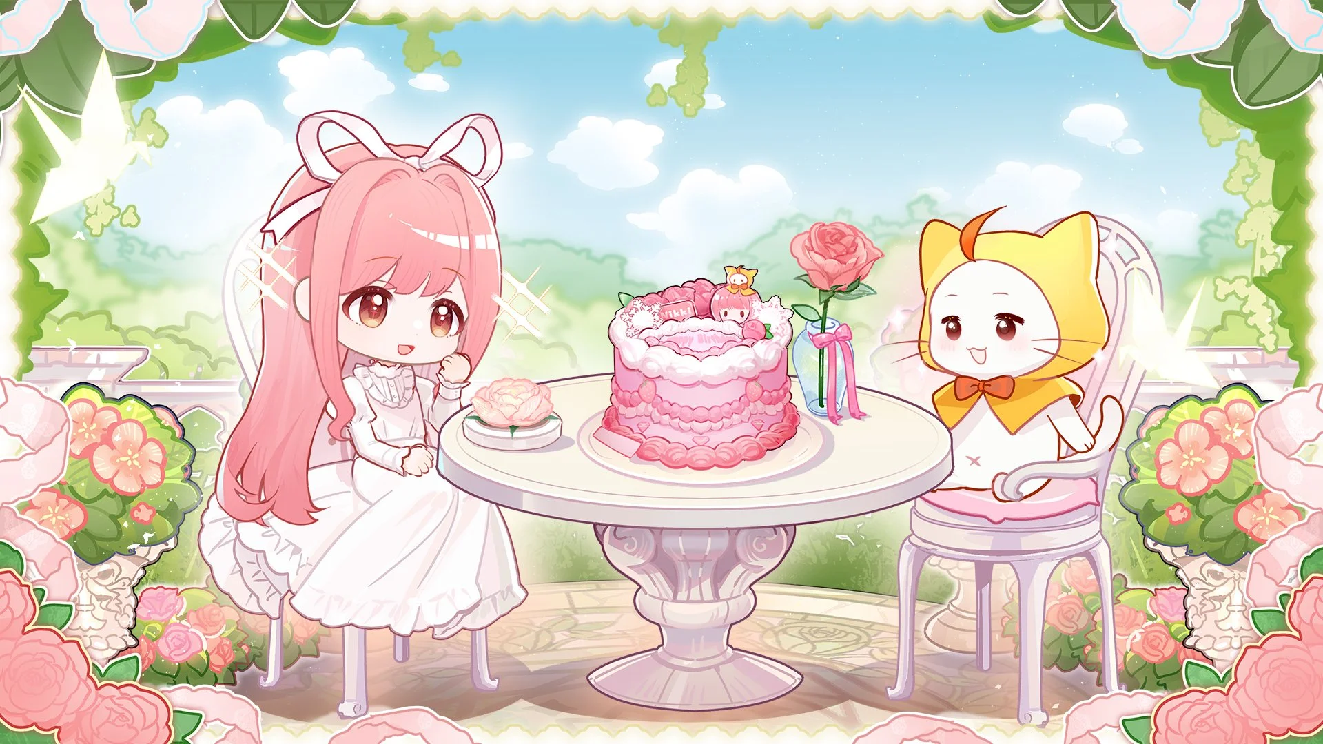 A cute cartoon scene of two animals having a birthday celebration outdoors. On the left, a pink-haired girl with fox ears and a white dress is seated. On the right, a white cat with a yellow hood and bowtie is seated. Between them is a large pink birthday cake decorated with flowers and a small bear and fox figurine on top. The table has a rose and a small plate with a pink flower. The background features a blue sky with clouds, green trees, and a garden with pink and peach flowers surrounding the scene.