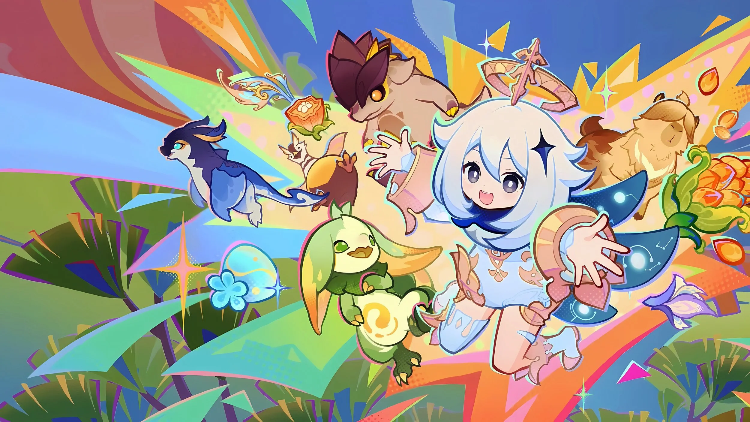Colorful animated characters including a girl with white hair and blue eyes, surrounded by various fantasy creatures and animals, in a vibrant, surreal landscape with rainbow effects and abstract shapes.