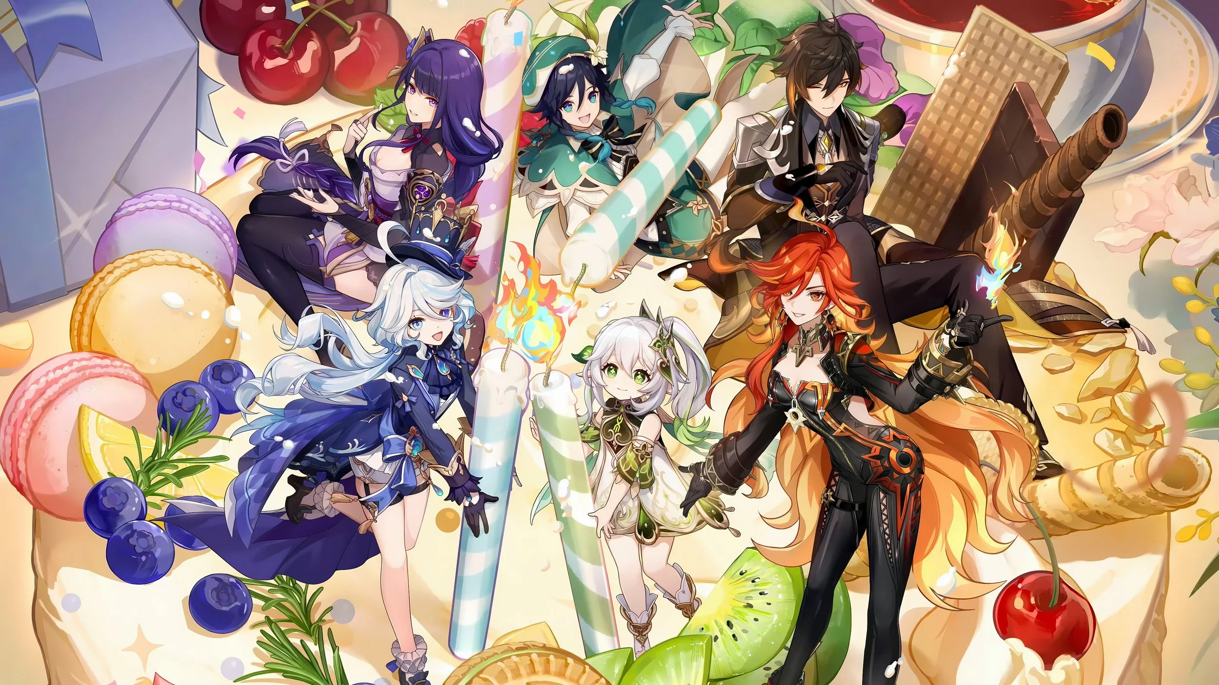 Anime-style characters celebrating on a large dessert with fruits, ice cream, and cookies, holding colorful candies and surrounded by various sweets.