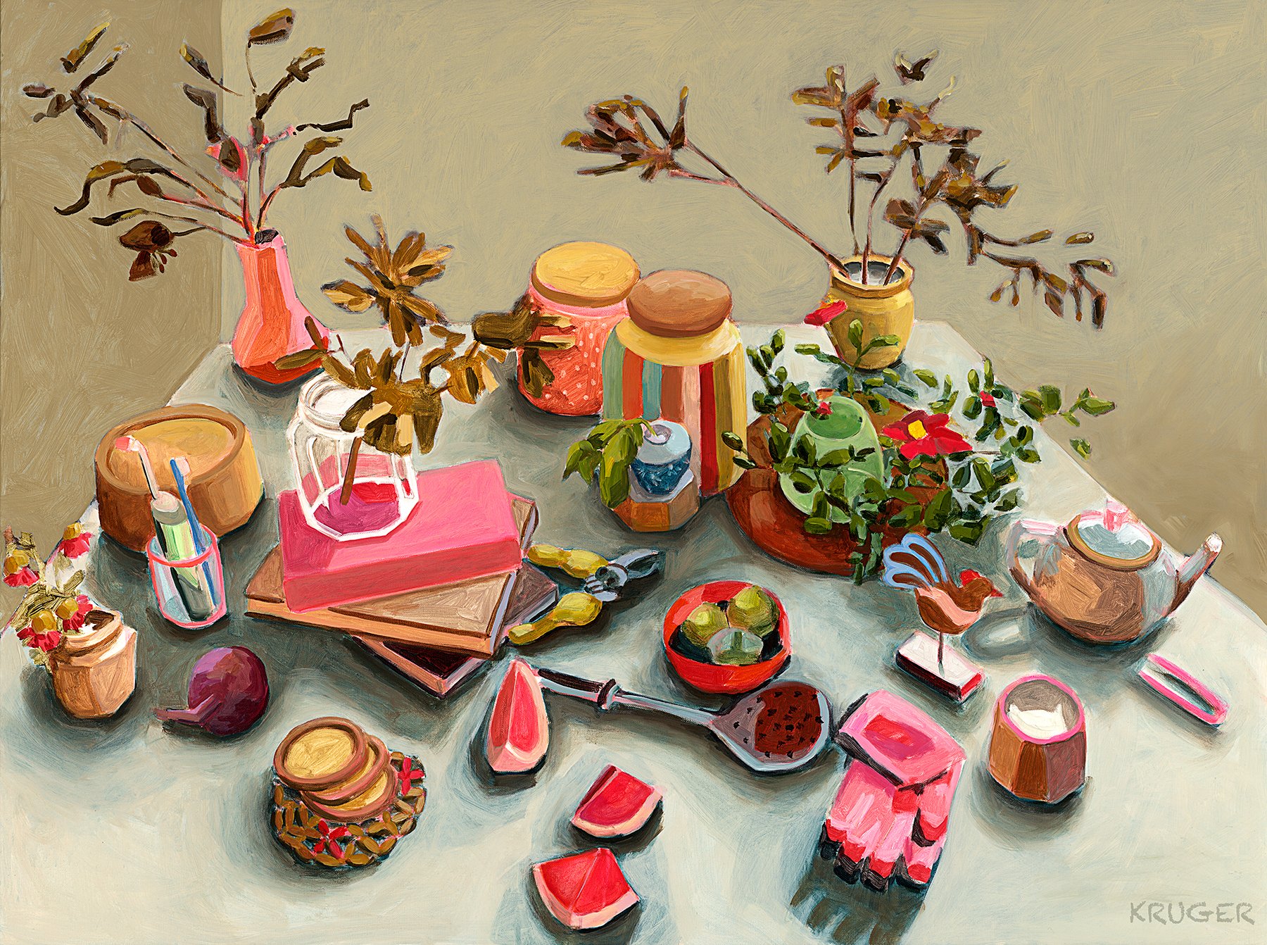 “Autumn table”, displayed as part of solo exhibition at Tweed Regional Gallery, 2022, acrylic on canvas, 94cm x 124.5cm, marked NFS for this show