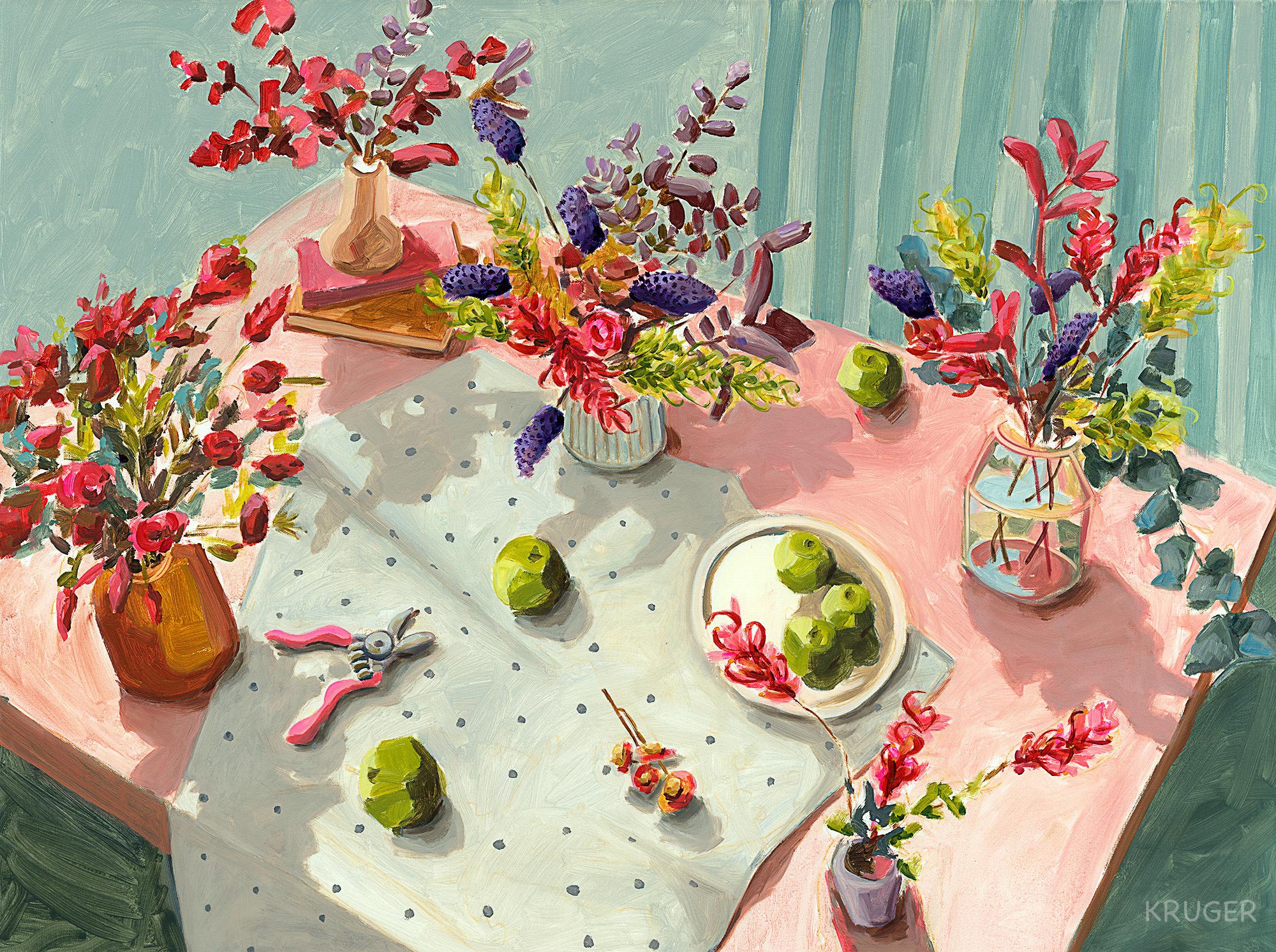 “Midsummer table”, displayed as part of solo exhibition at Tweed Regional Gallery, 2022, acrylic on canvas, 94cm x 124.5cm, marked NFS for this show