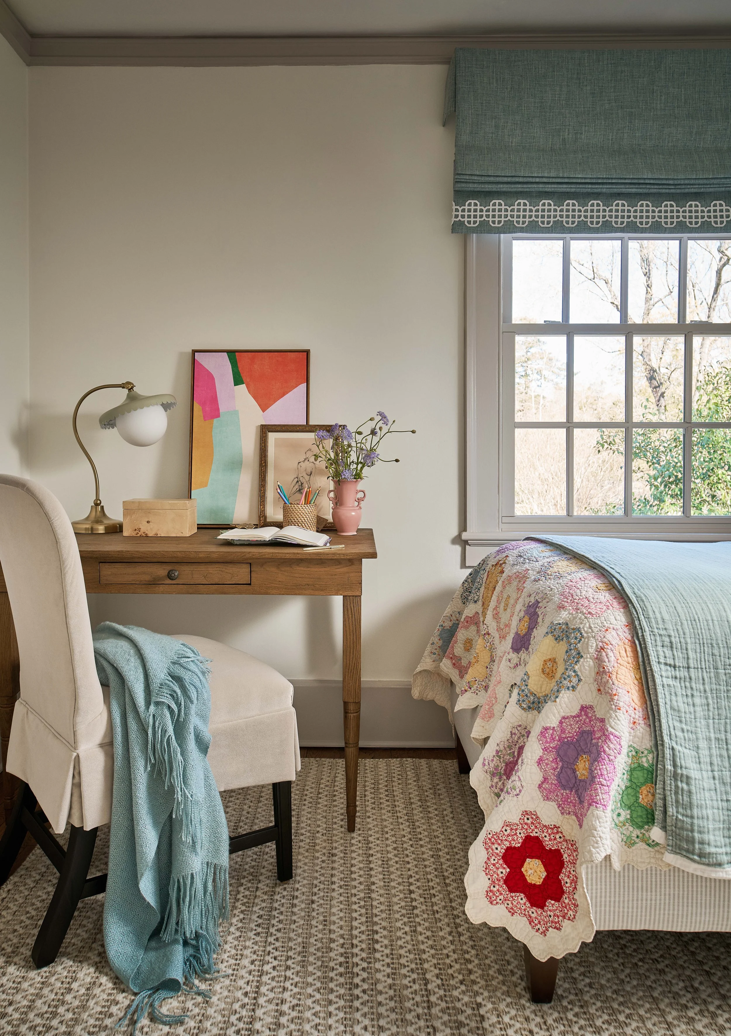 vintage writing desk and unique lamp in colorful teen girls bedroom historic home renovation chapel hill historic home chapel hill interior designer cat french durham interior designer