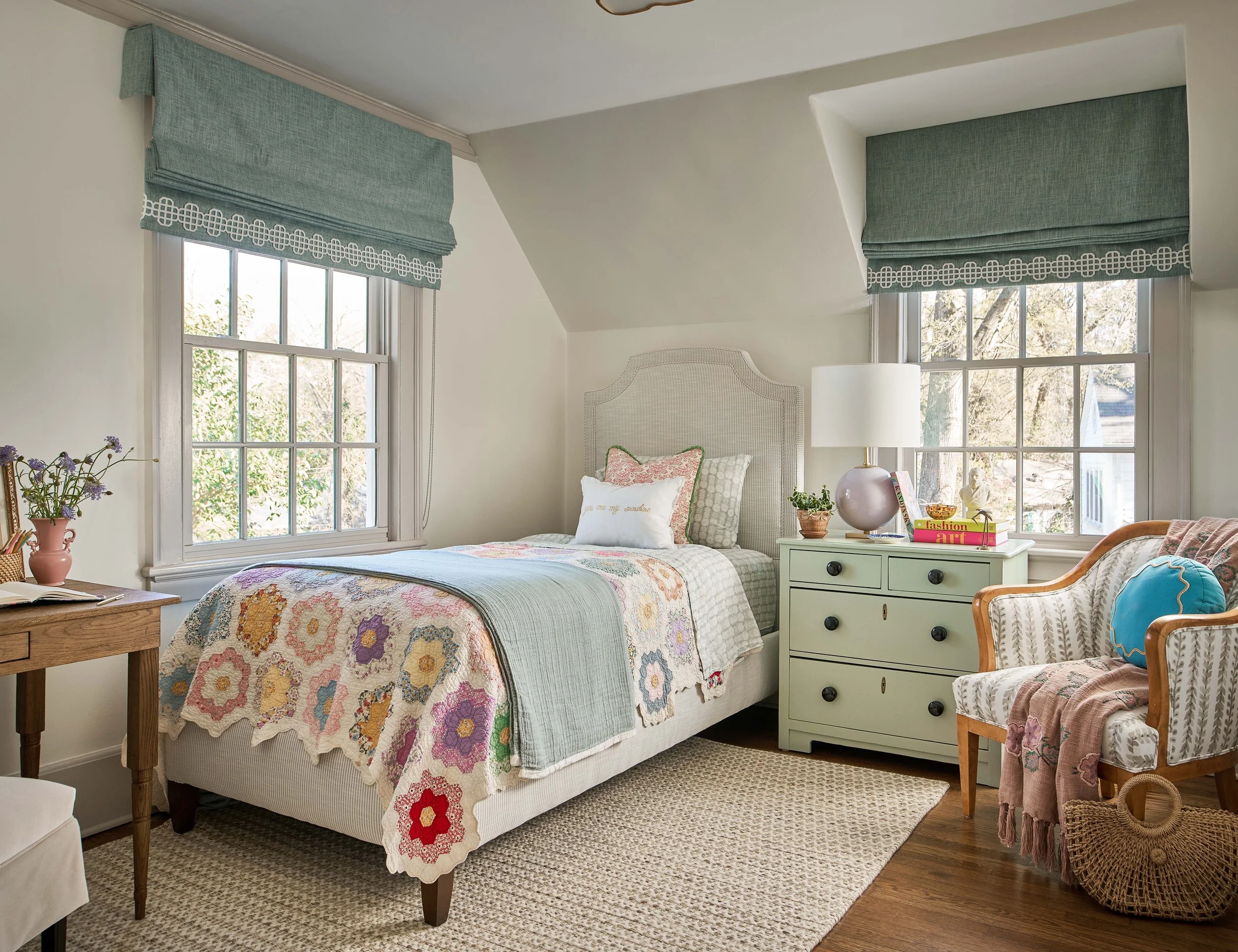 colorful cozy girls bedroom vintage furniture historic home renovation chapel hill interior designers cat french design durham interior designers
