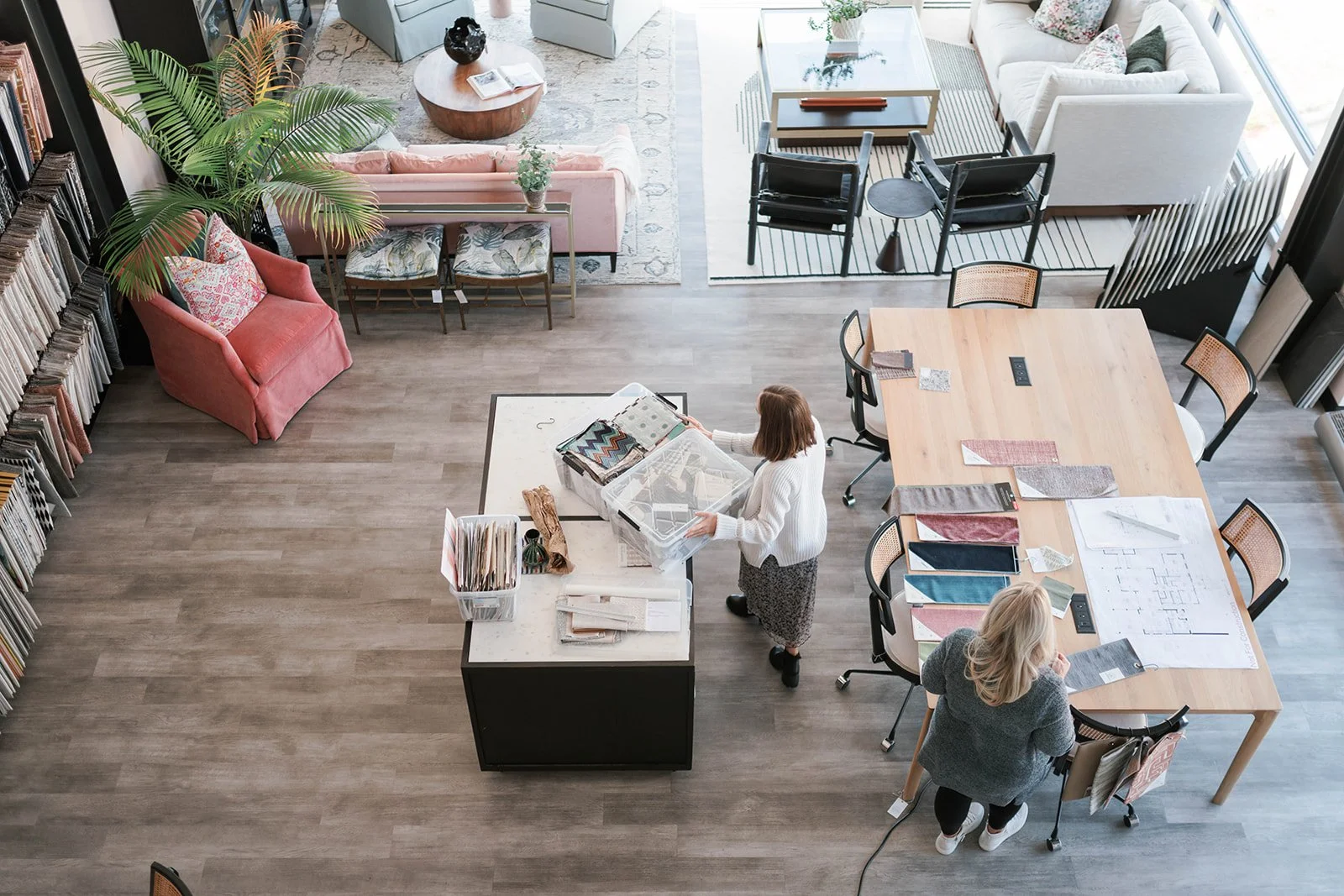 view of interior design studio cat french design with two designers working on custom fabrics cat french design chapel hill interior designer durham interior designer raleigh interior designer